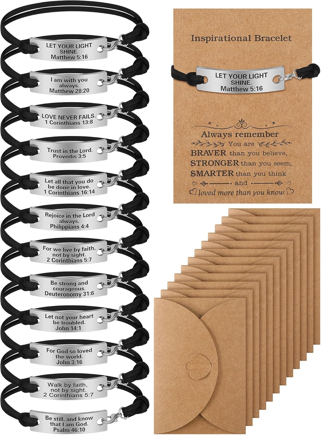 Bucherry 12 Pack Christian Gifts Bible Verses Bracelets for Women Men with Cards Envelopes Engraved Inspirational Leather Friendship Bible Verse Bracelets for Vbs Church Party Supplies