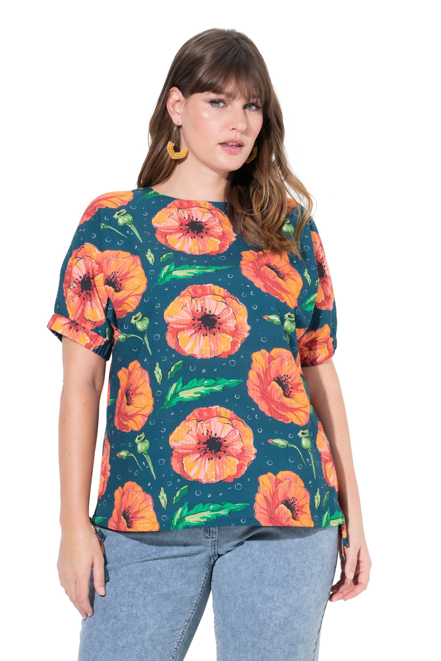 Ulla Popken Damen große Größen Übergrößen Plus Size Blusentop, Mohn, Rundhals, Halbarm, Biobaumwolle 836965
