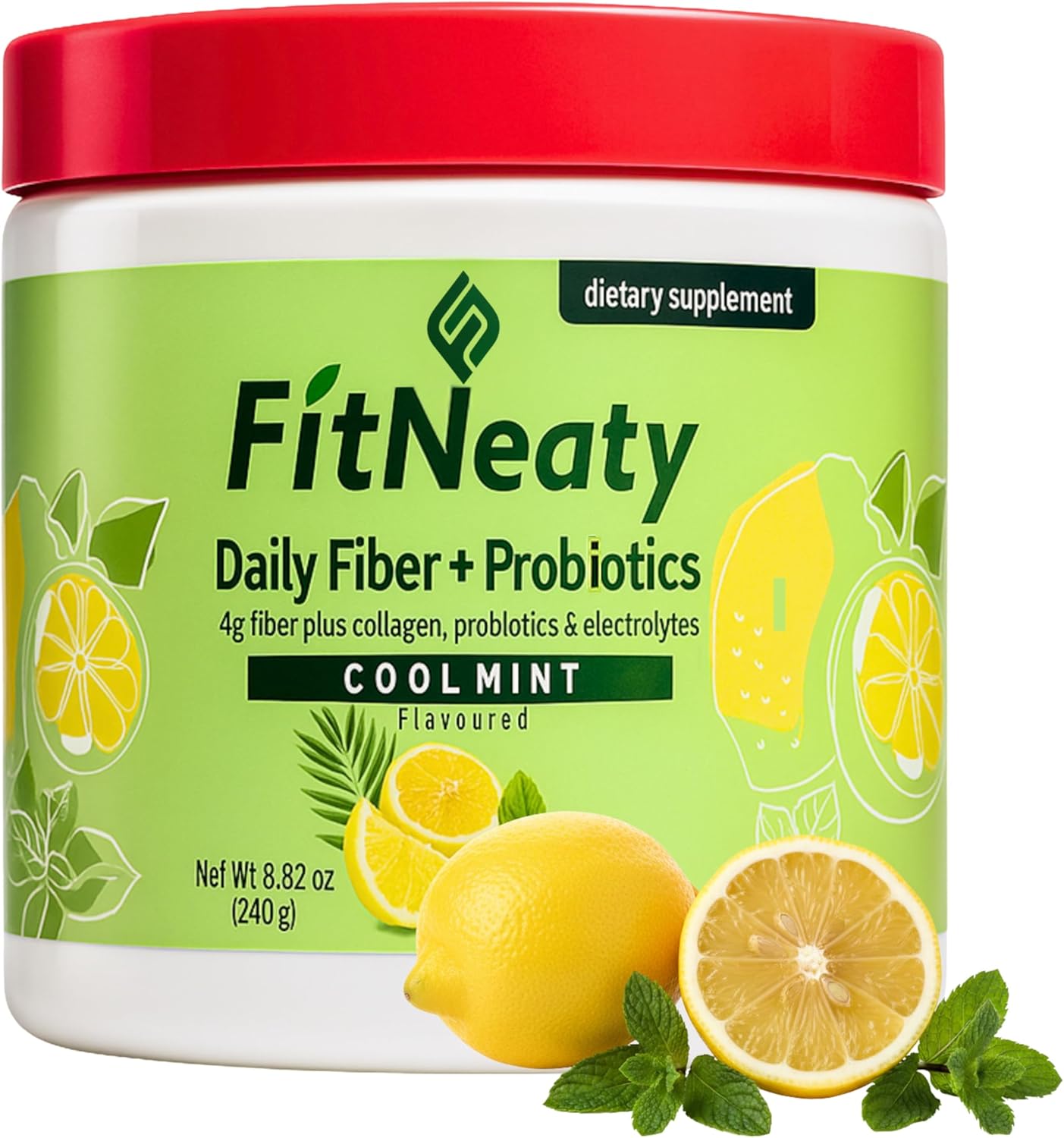 Fiber Supplement Powder for Women & Men, Organic Acacia Fiber with Collagen, Probiotics & Electrolytes, Daily Digestive Support, Cool Mint Flavor, 240g