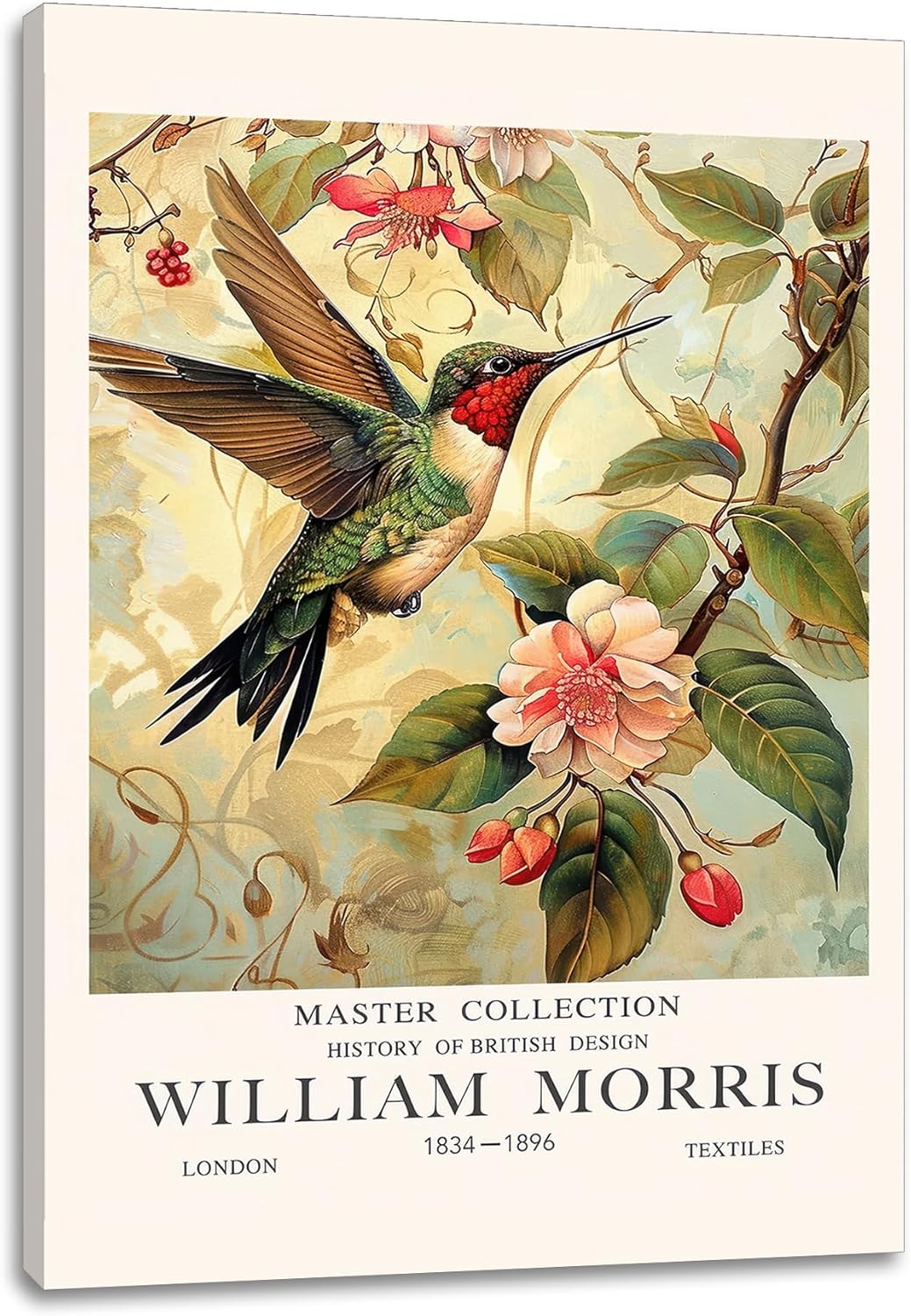 William Morris Hummingbird Canvas Wall Art, Hummingbird Print Paintings Wall Decor,William Morris Bird Pictures for Wall Living Room Bedroom Bathroom Home Decoration 16x24 inch( Stretched Canvas on A Wooden Frame)