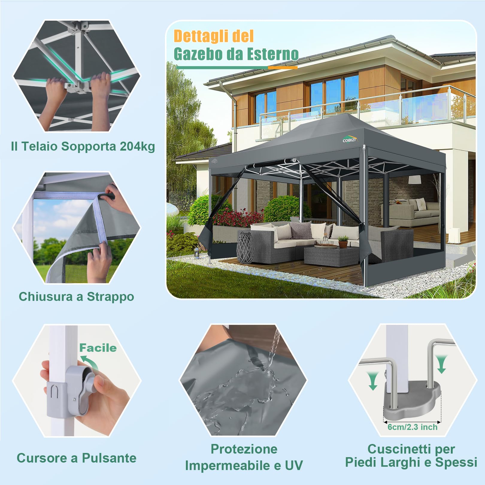COBIZI Gazebo pieghevole 3x4,5 m con zanzariere, impermeabile e stabile | Protezione UV, altezza regolabile su 3 livelli, tessuto Oxford 420D, borsa inclusa