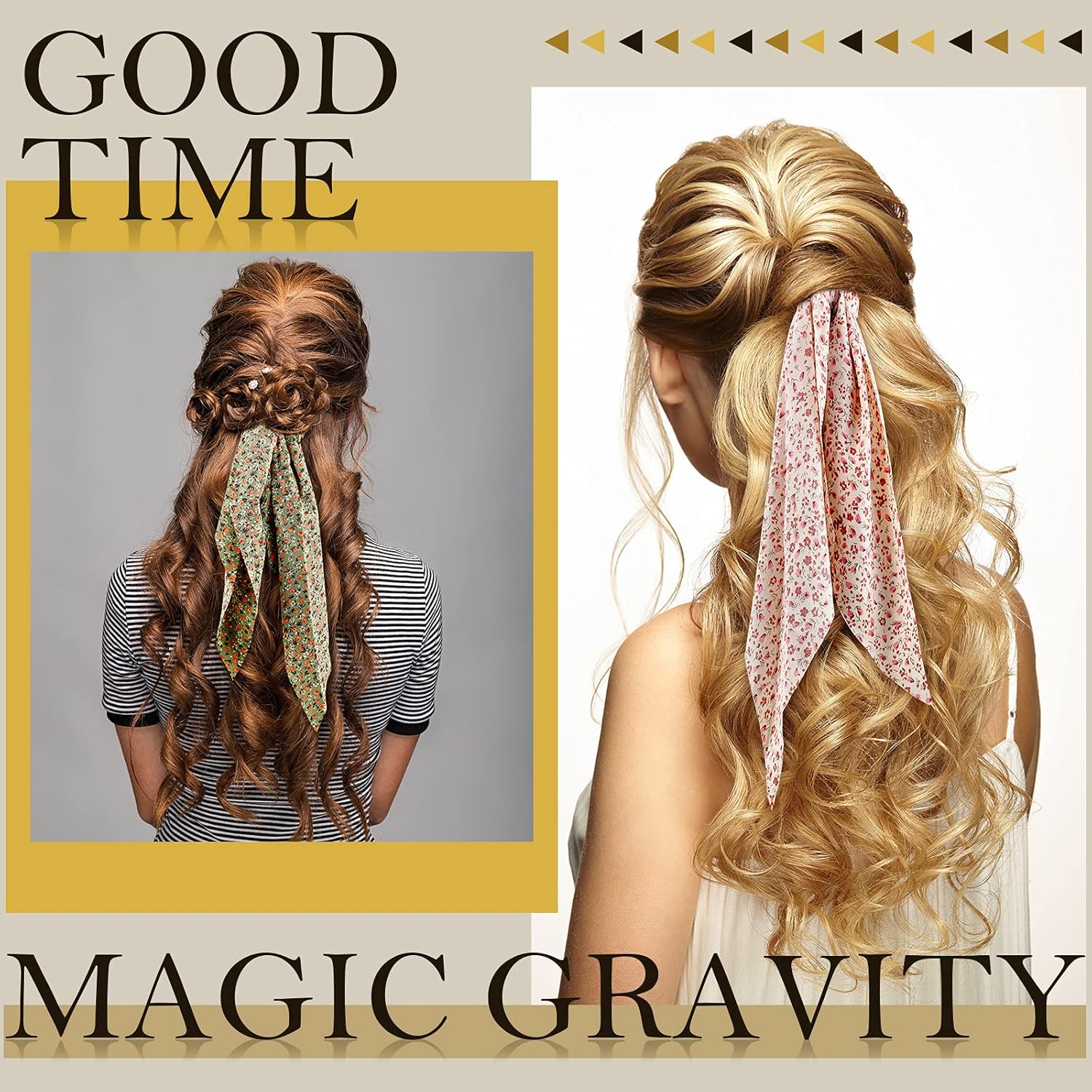 Chuangdi 10 Pcs Hair Scrunchies Hair Scarf with Ribbon Bunny Ears Chiffon Floral Bow Ponytail Holder Boho Elastic Floral Ropes 2 in 1 Vintage Accessories for Women (Ditsy Print) - Image 4