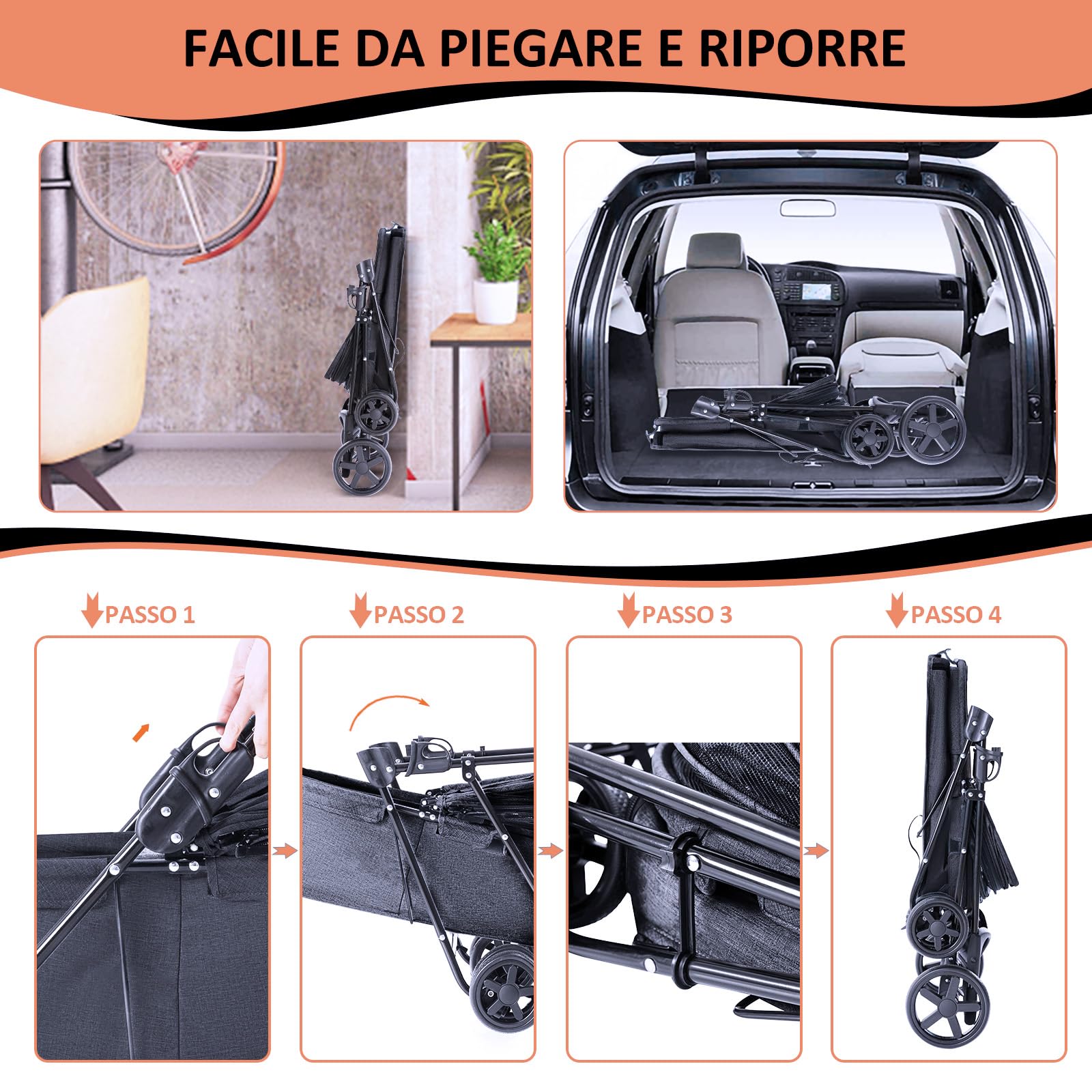 Poussette pour Chien Pliable jusqu'à 15kg - Véhicule Léger Compact pour Transport Sécurité, Promenade Voyage (Noir)