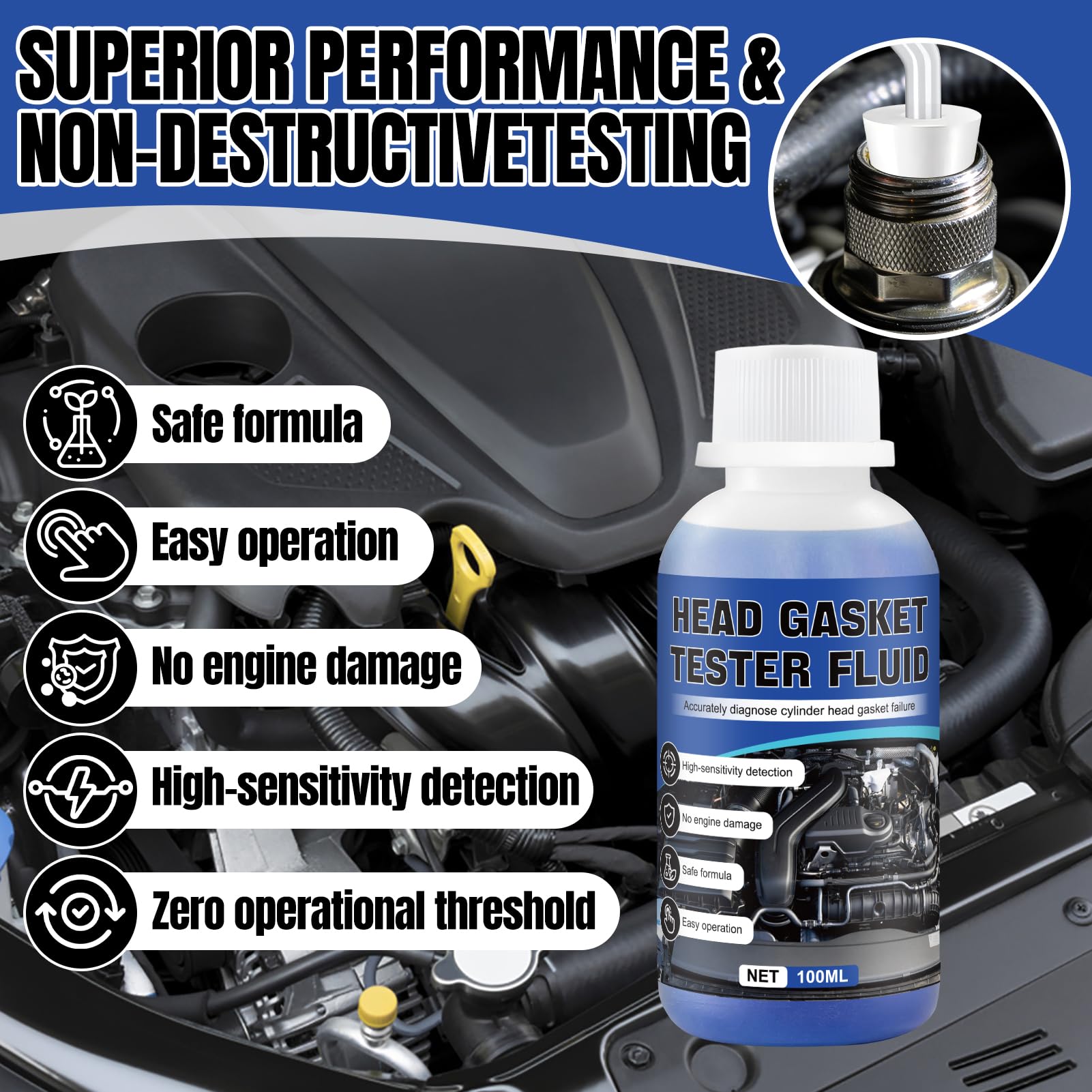 Tester di Guarnizione a Testa Cilindrica,Tester per Guarnizione Testata CO2,Test Guarnizione Testata Bruciata,Diagnostica Rapida Precisa,Kit Universale Rilevatore di Perdite CO₂ per Auto e Moto 100ml