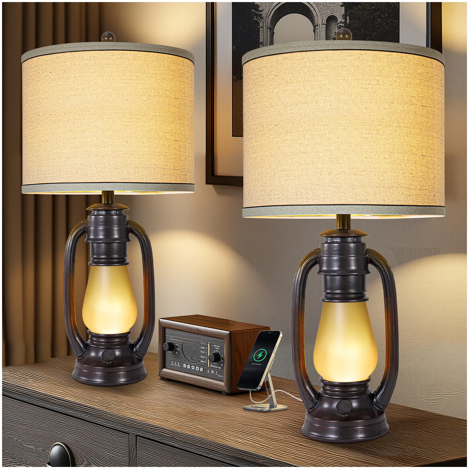 Vintage Lantern Table Lamps Set of 2 for Bedroom, Replaceable