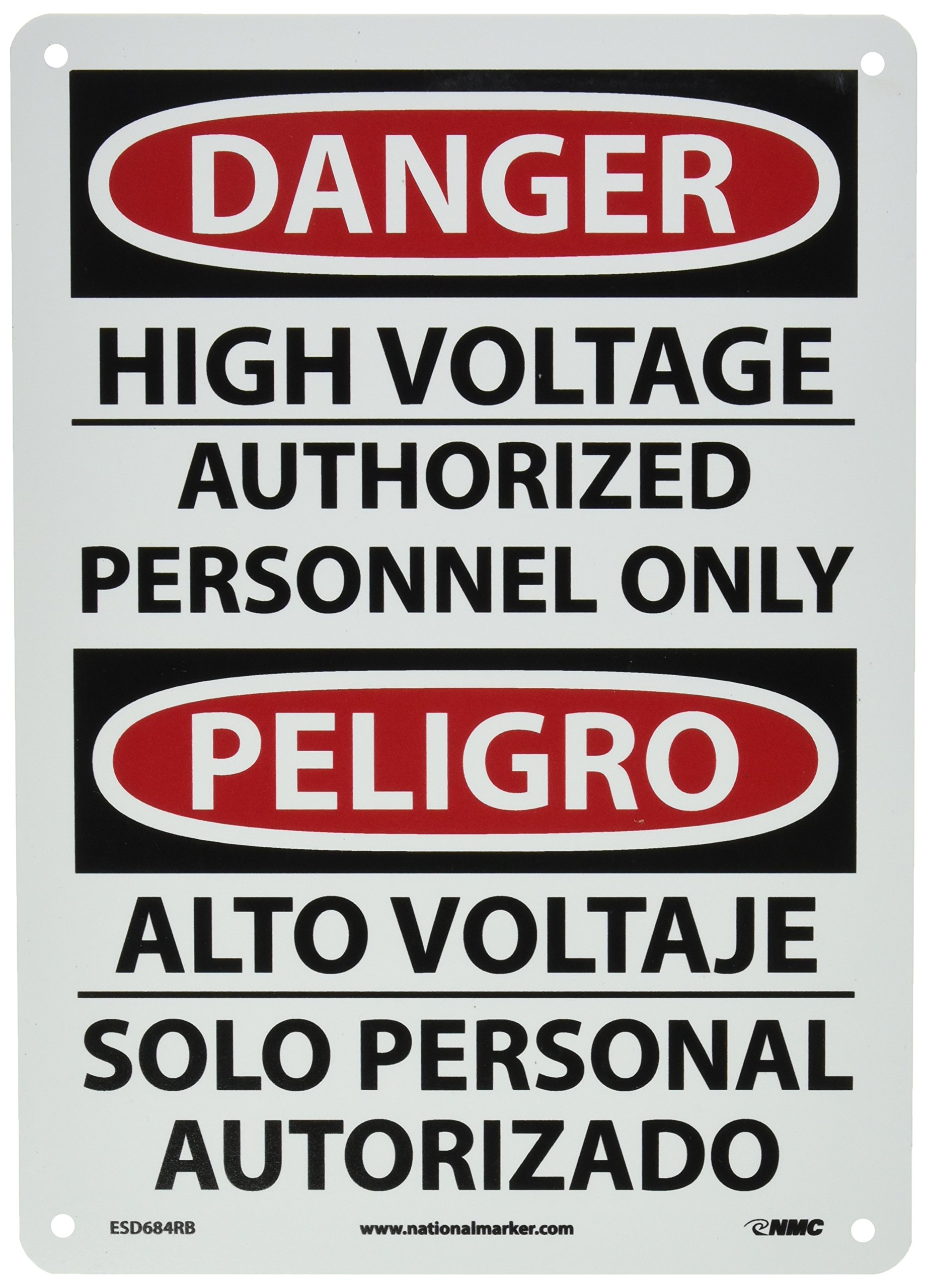 NMC ESD684RB Bilingual OSHA Sign, Legend "DANGER - HIGH VOLTAGE AUTHORIZED PERSONNEL ONLY", 10" Length x 14" Height, Rigid Plastic, Black/Red on White