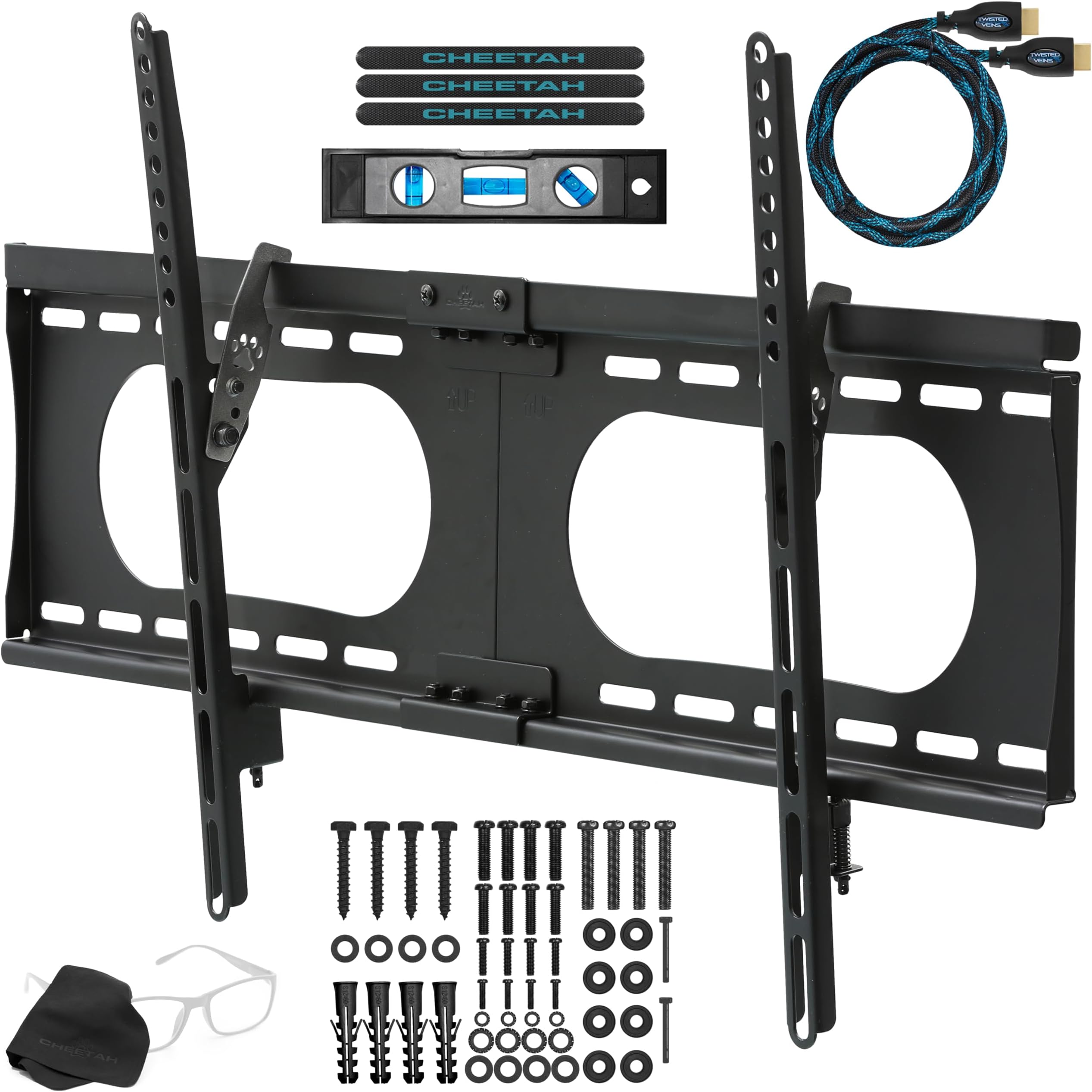 Cheetah Mounts APTMMB Flush Tilting Thin (1,5" in Profile) Wall Mount Bracket, for 32" to 65" LED, LCD, Flat Screen TV, up to VESA 684 x 400 and kg 75 (165 Pounds). Includes a Twisted Veins 10 Foot Braided HDMI Cable and 6", 3 Axis Magnetic Bubble Level
