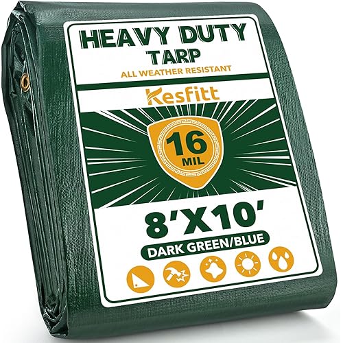 Kesfitt Tarp Heavy Duty Waterproof 8x10FT,16 Mil Thick Tarps Tear&Fade Resistant,UV Resistant,Poly Tarp Cover with Grommets and Reinforced Edges for Outdoor Camping Pools Boat Car(Green/Blue)