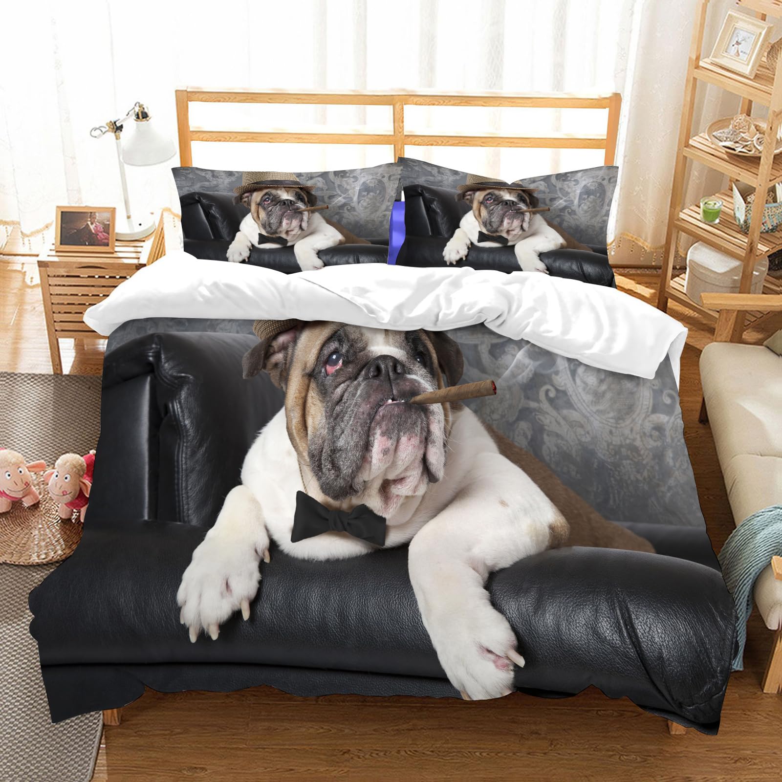 Housse de couette Bouledogue Anglais 228x264cm avec 2 taies d'oreiller lit double moderne