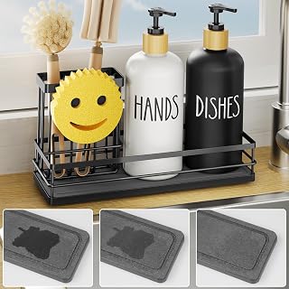 Moforoco Kitchen Soap Dispenser Set: 16oz Glass Bottles, Quick Dry Diatomaceous Tray, Smiley Sponge & Brush Holder
