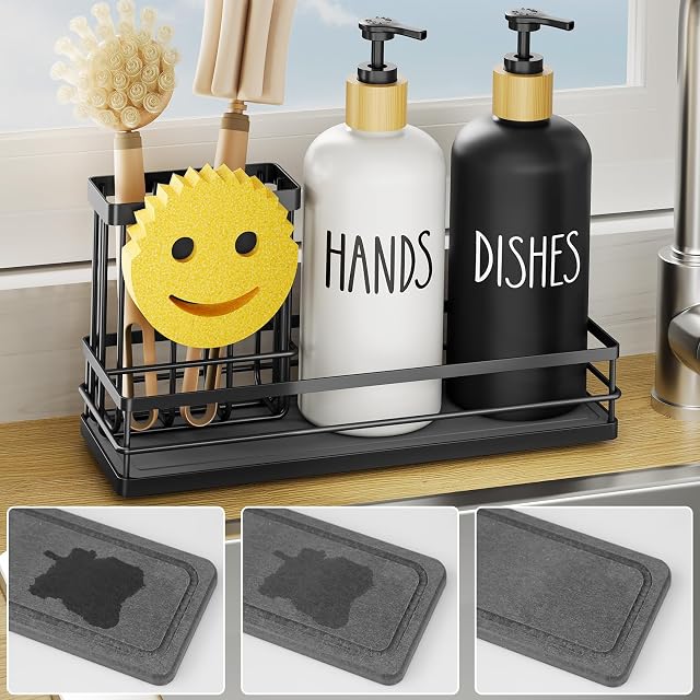 Moforoco Kitchen Dish Soap Dispenser Set 16OZ Glass Bottle Hand and Dish Soap Dispenser Set Instant Dry Tray