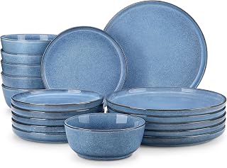 vancasso ANYA 18-Piece Blue Reactive Glaze Dinnerware Set for 6 - Durable Ceramic Plates & Bowls, Microwave Dishwasher Safe, Stackable