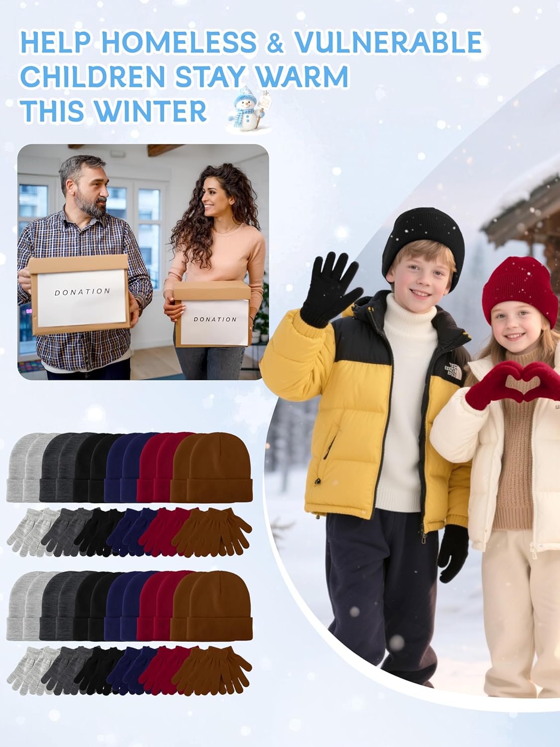 Hryrbay 24/48 Pack Kids Winter Hats and Gloves Set Bulk Warm Knitted Beanie Hat Unisex Magic Gloves Multipack for Boys Girls