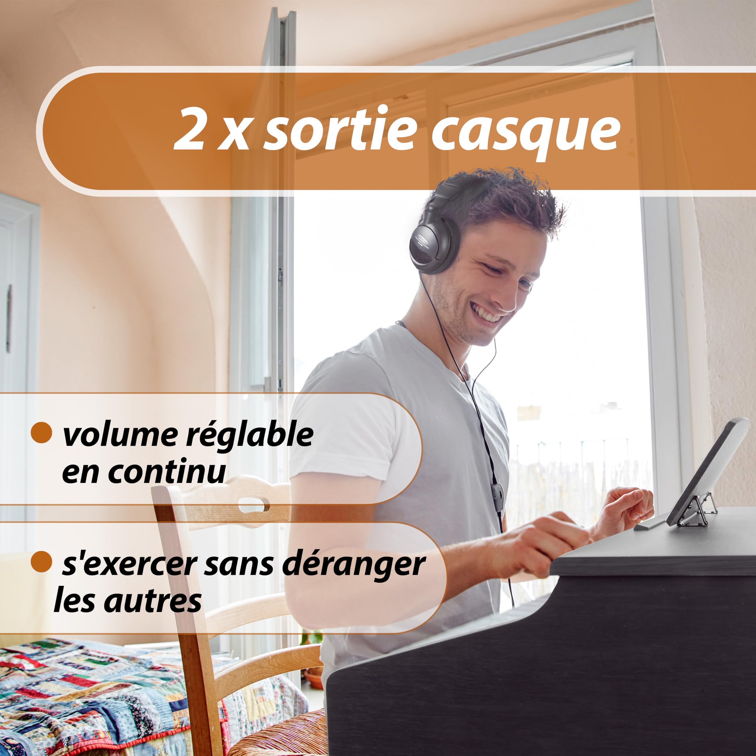 Classic Cantabile DP-50 RH Piano Numérique - 88 touches clavier pondérée à marteaux - Clavier électronique USB, 3 Pédales, 32 polyphonie - Synthetiseur debutant - Set Banquette & Casque - Bois de rose