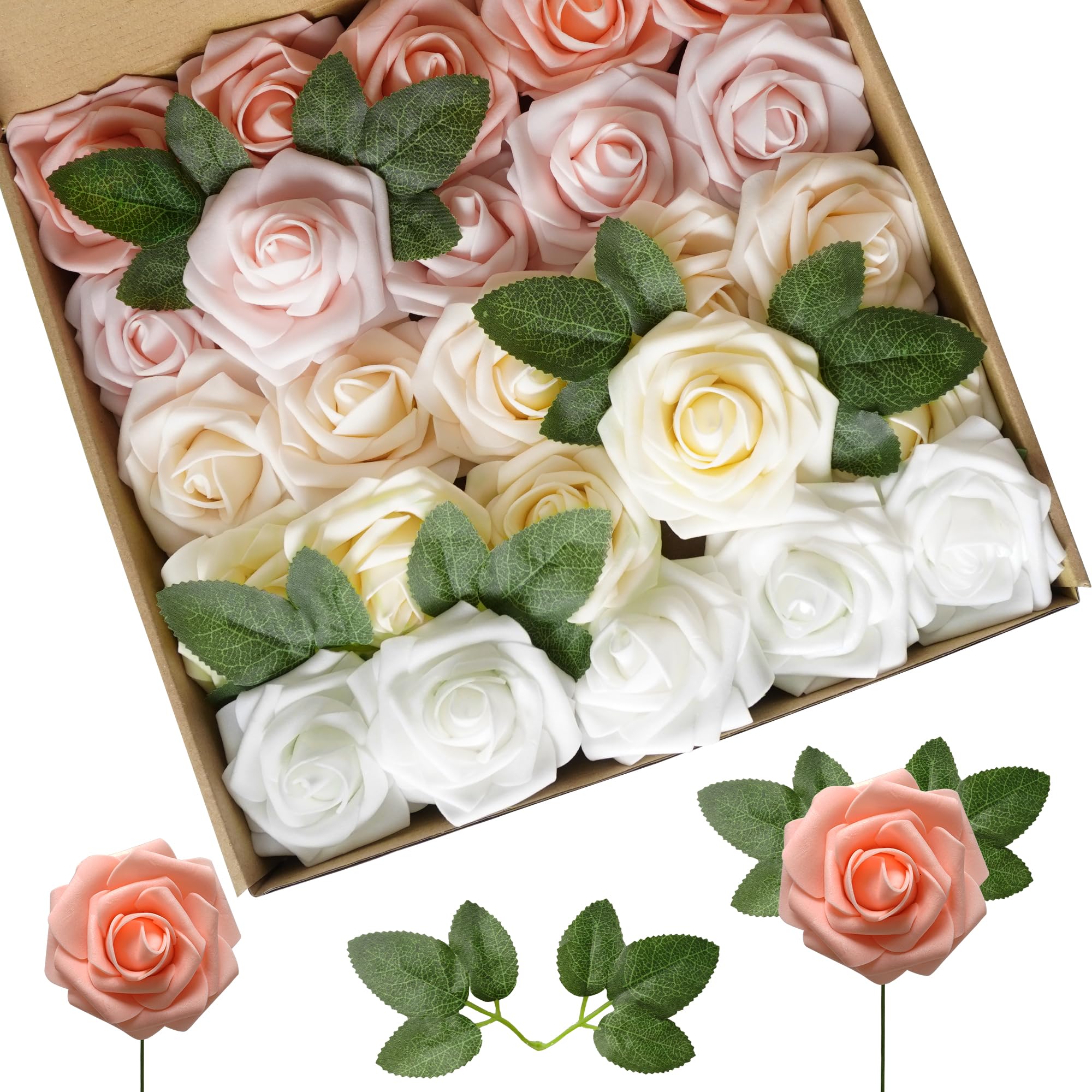 Lansdowns Artificial Flower Foam Rose 25pcs Real Looking Fake Rose with Stems Leaves for Home Decoration Party Garden Centerpieces DIY Wedding