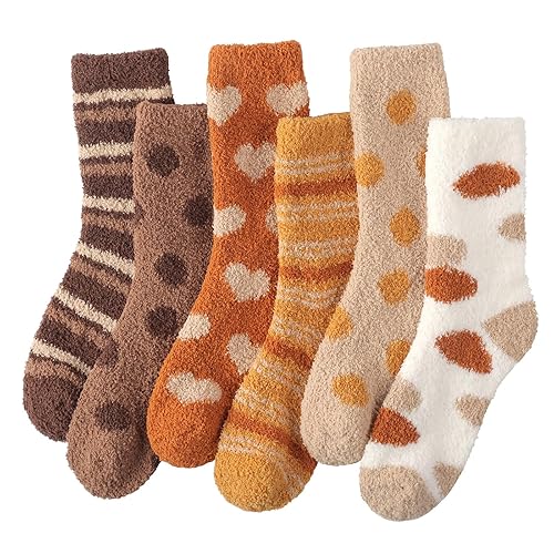ILovDaisy Kuschelsocken Damen 5/6 Paare Warme Flauschige Socken, Weihnachtssocken, Dicke Wintersocken Haussocken, Kuschel Bettsocken Schlafsocken Thermosocken für Weihnachten als Geschenke - 36-40 - Braun II (6 Paare)