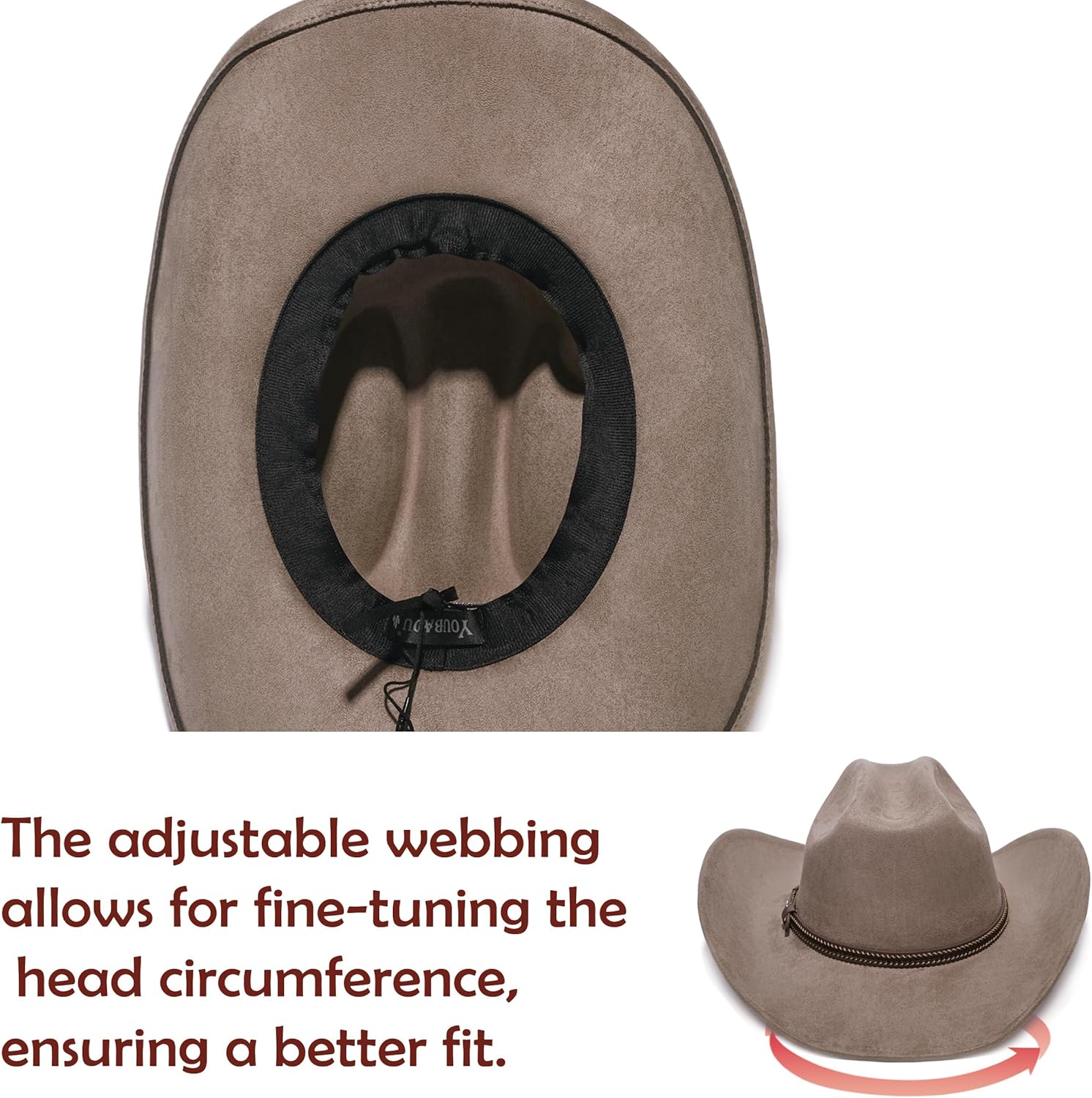 YOUBADU Faux Suede Felt Western Cowboy Hat for Women or Men, Wide Brim, Rivet Strap