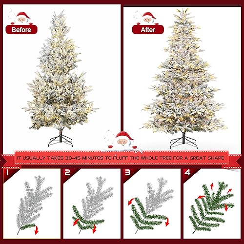 Miniatura 6 de Prelit Árbol de Navidad flocado de 6 pies de pino artificial con 400 luces LED blancas cálidas para decoración de Navidad