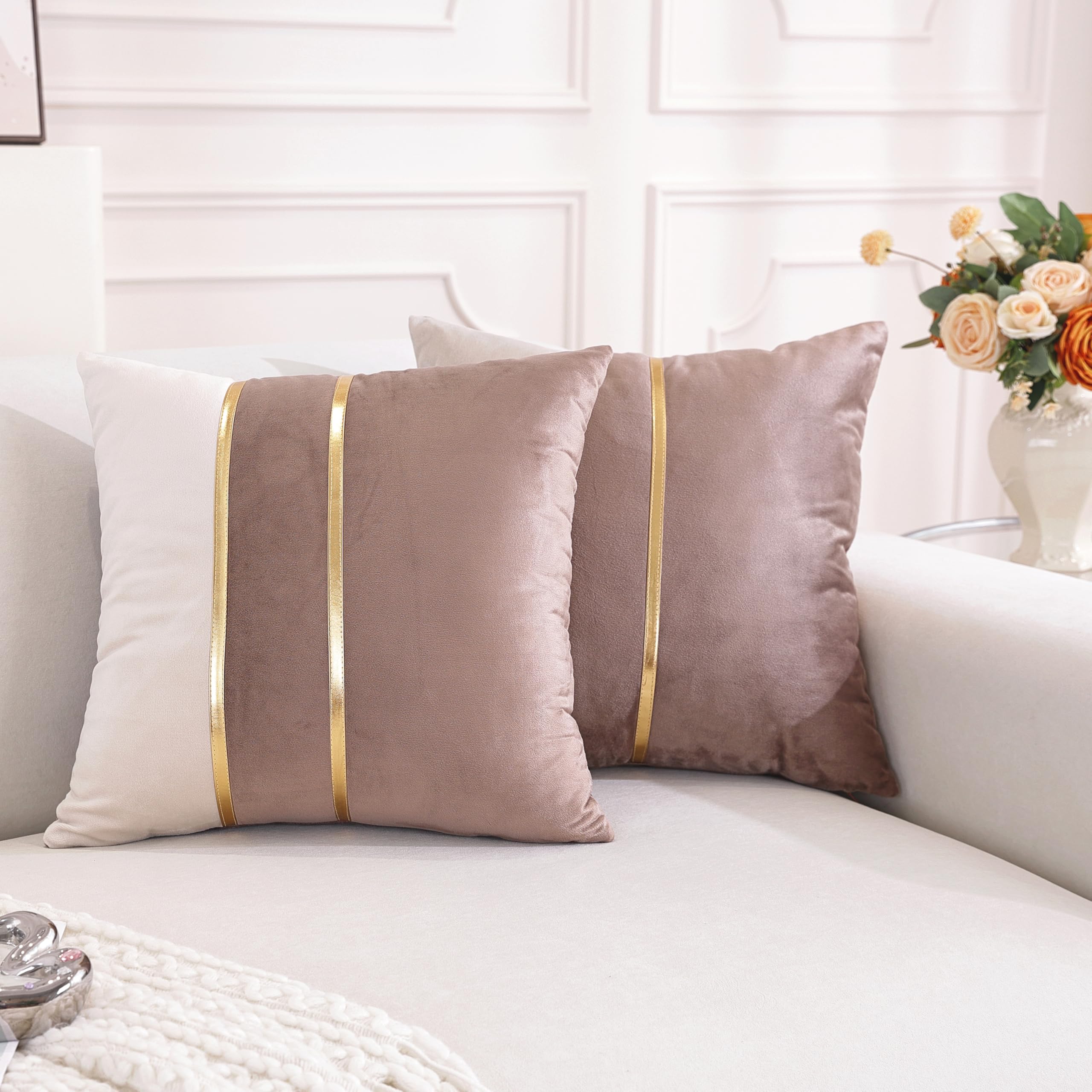 TAOSON Velvet Throw Pillow Covers,Pack of 2 Soft Decorative Cushion Covers Cases Coffee Brown Beige Patchwork with Gold Leather for Sofa Bedroom Livingroom Car, 18 x 18 Inch — image 1