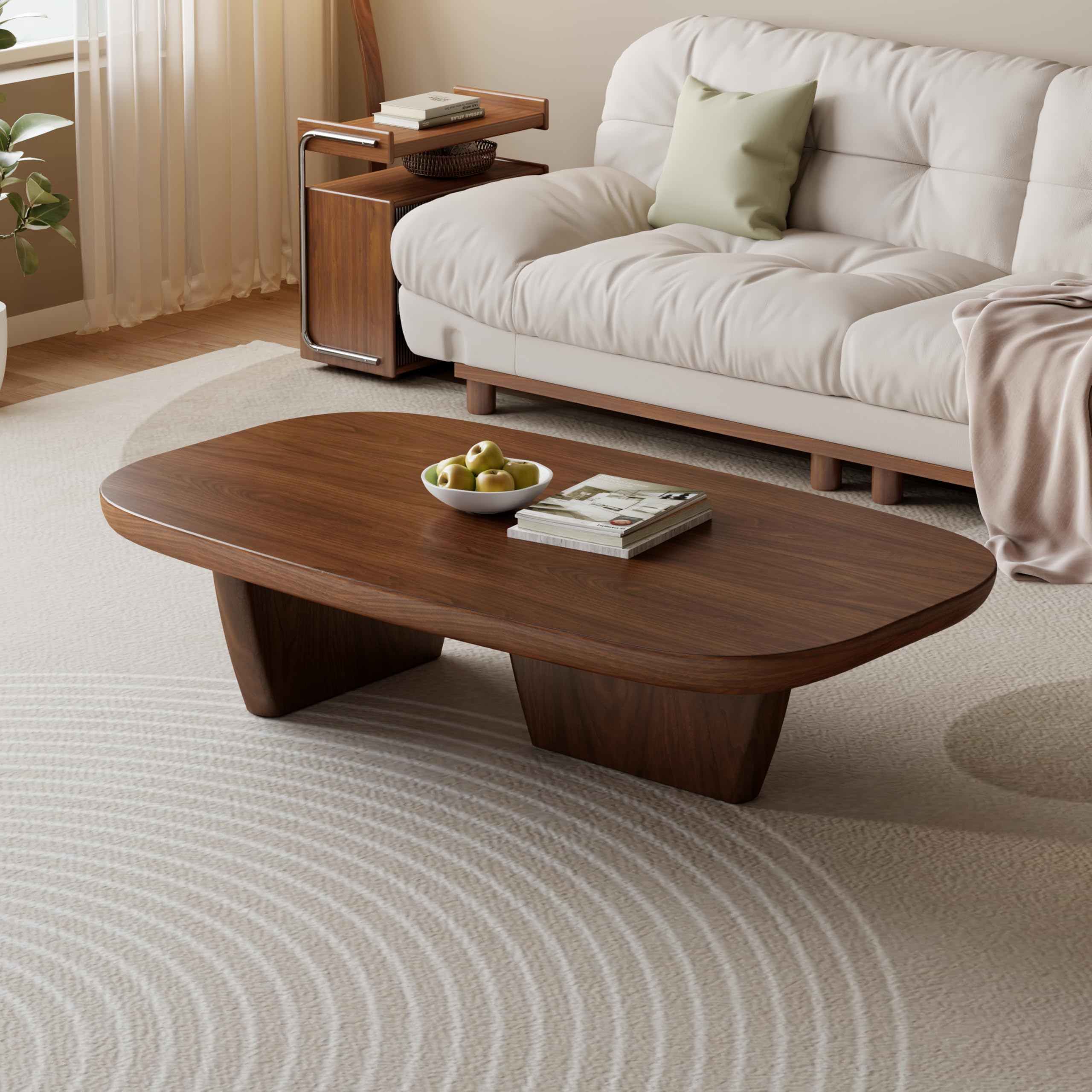 Walnut Coffee Table, Mid Century Modern Decor Low Cocktail Tea Table with Rounded Corners for Living Room, Home, Office, 51.2" Brown