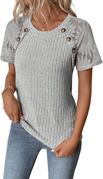 Ribbed Short Sleeve Tops For Women Lace Patchwork Crew Neck Shirts Dressy Casual Work Blouses Summer Fshion Tunics