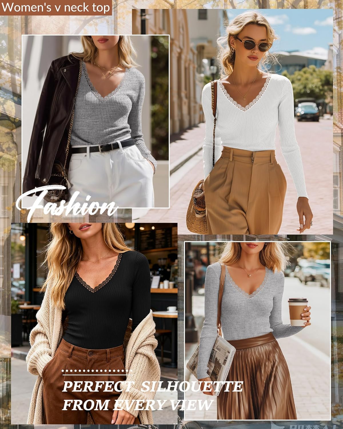 3 Pack Women's Cotton Long Sleeve Shirts, Ribbed Knit Deep V Neck T-Shirts Lace Sexy Tight Tees Slim Fit Tops - Image 2