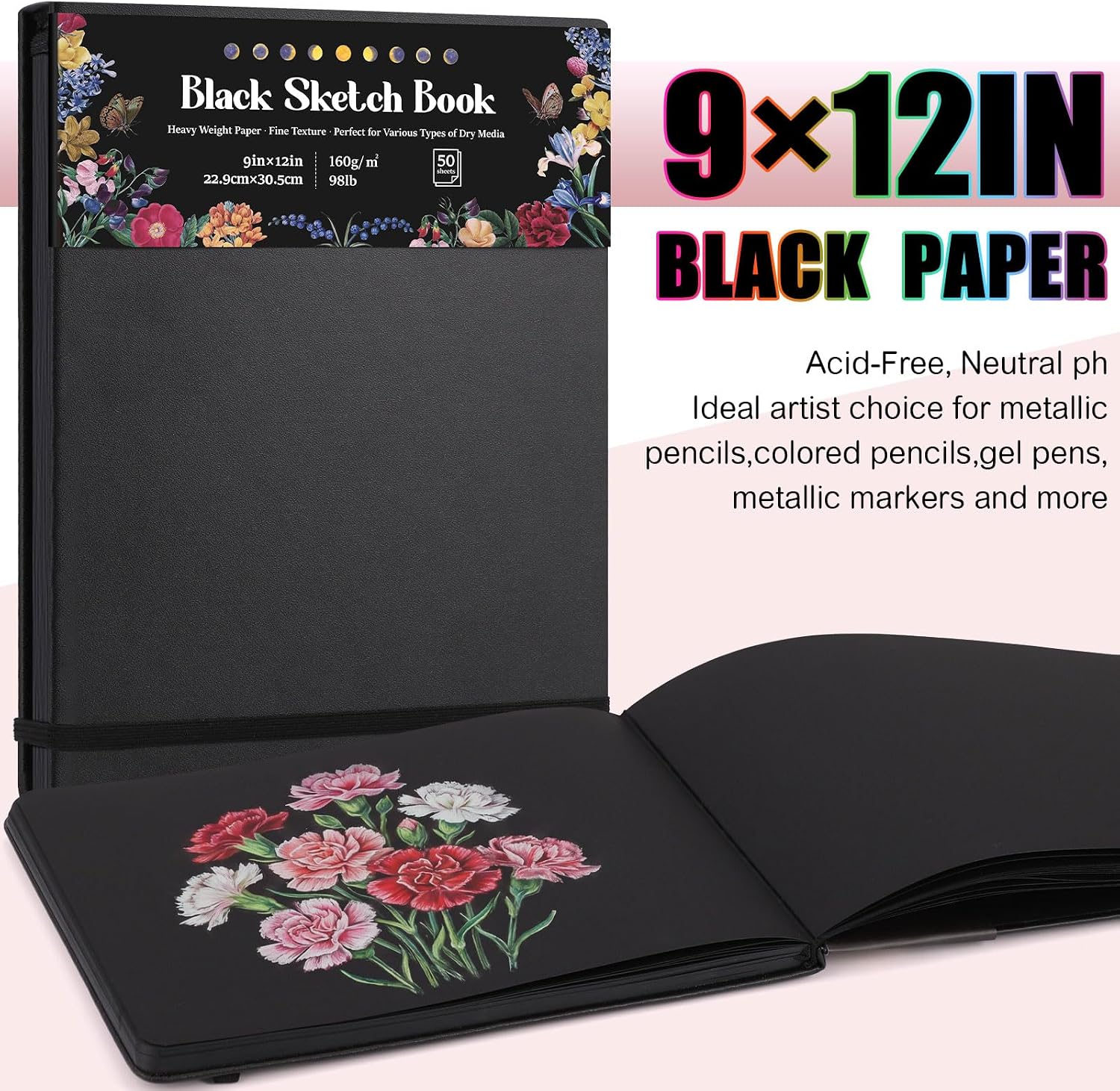 50 Sheets Black Paper Sketchbook 9×12in, 98lb/160gsm Heavyweight Black Sketch Pad, Acid-Free Drawing Paper, Spiral Bound Sketch Book for Kids, Teens, Artist