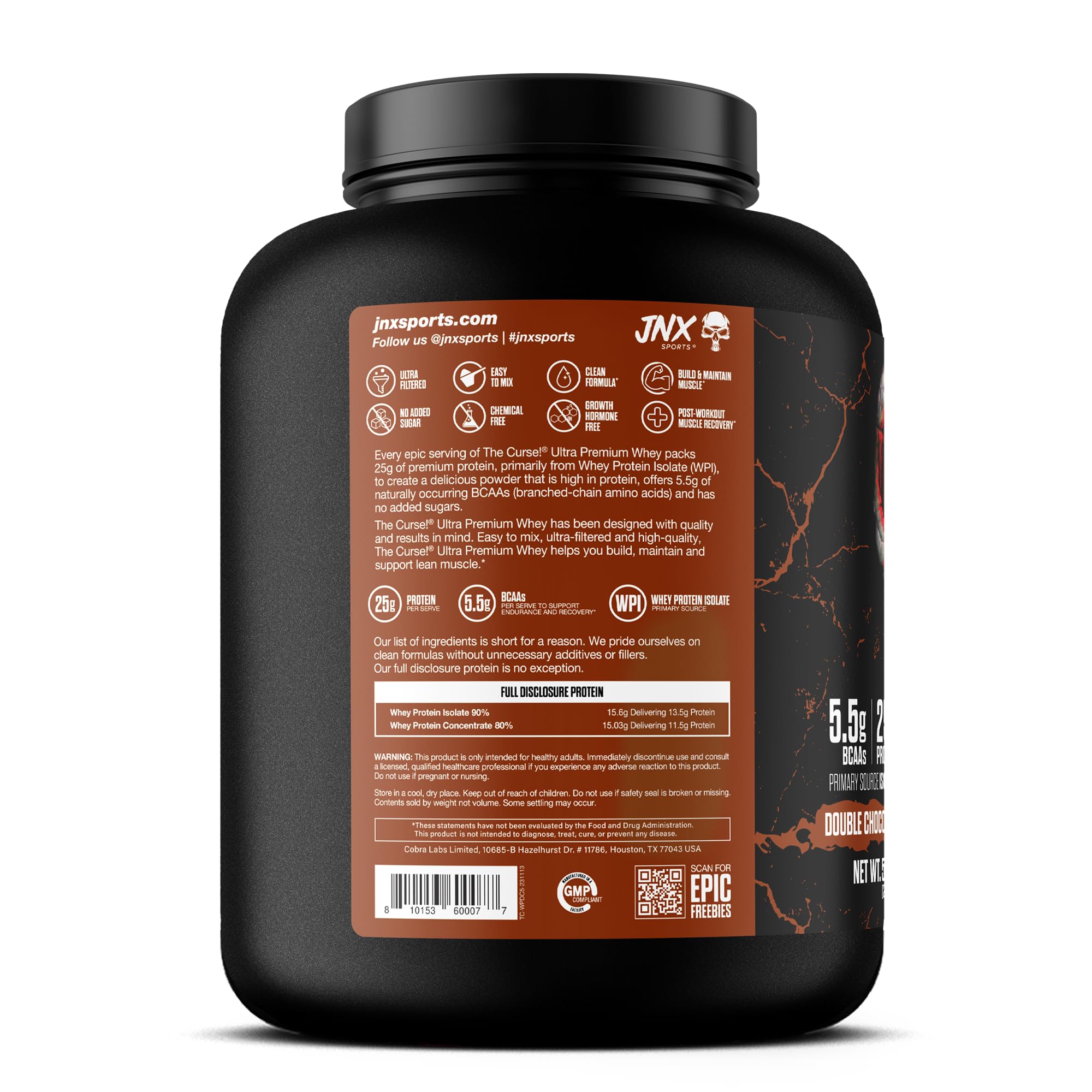 JNX SPORTS The Curse! Ultra Premium Whey Protein Powder Double Chocolate 5lb | 25g Protein Per Serve, Primary Source Whey Isolate