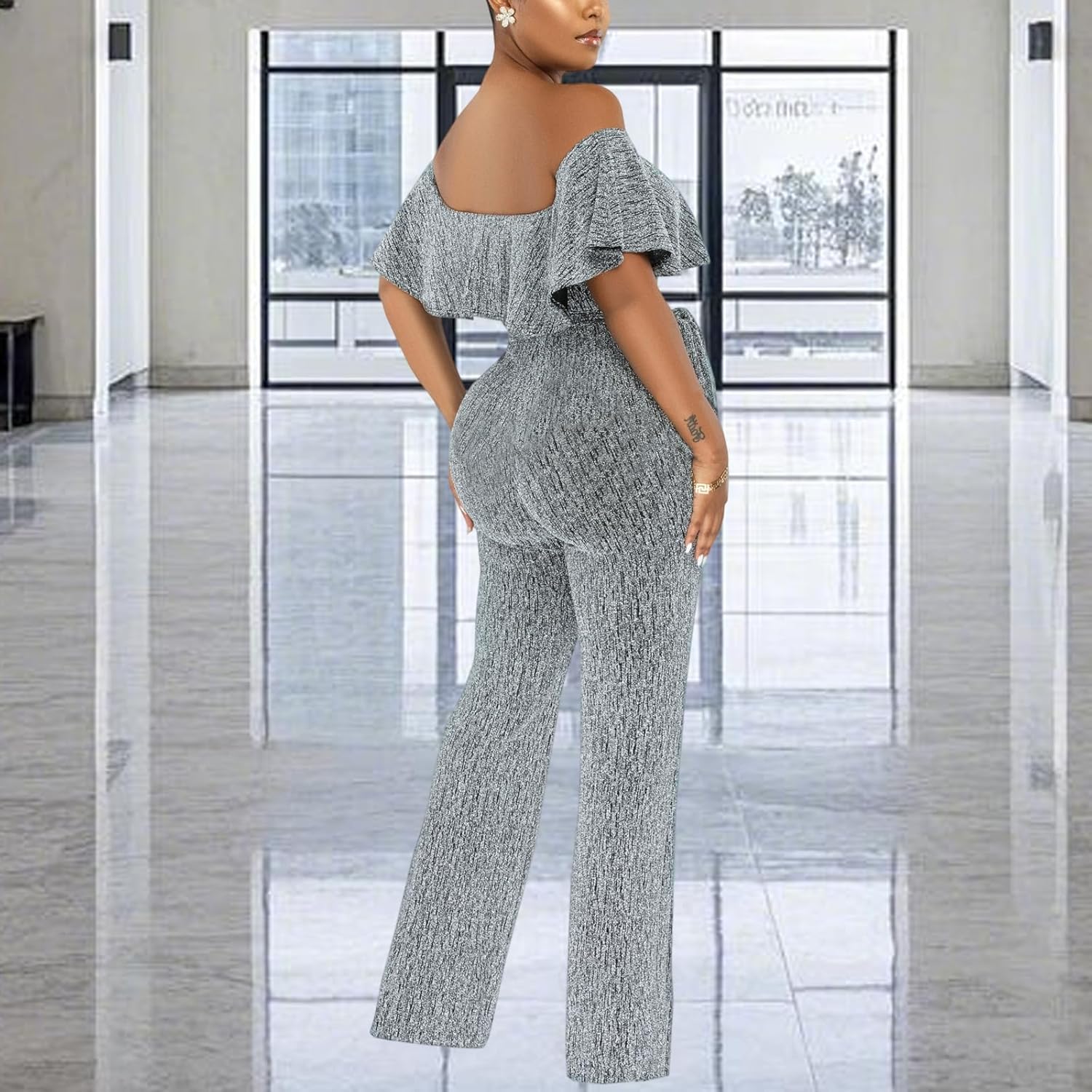 Women's Sexy Sparkly Classy Jumpsuits Casual Off Shoulder Loose Wide Leg Pants Clubwear Party Rompers - Image 5