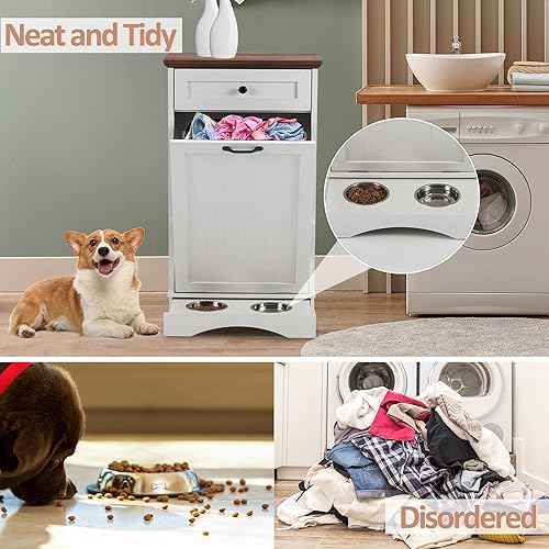 Miniatura 3 de Spurgehom Armario de basura inclinable de 13 galones, papelera de cocina, armario de almacenamiento de alimentos para perros con tazones, estación