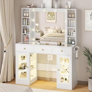HUANLEGO White Glass Top Vanity Desk with Lights, RGB Mirror Cabinet, 3 Drawers & Charging Station - Makeup Dressing Table
