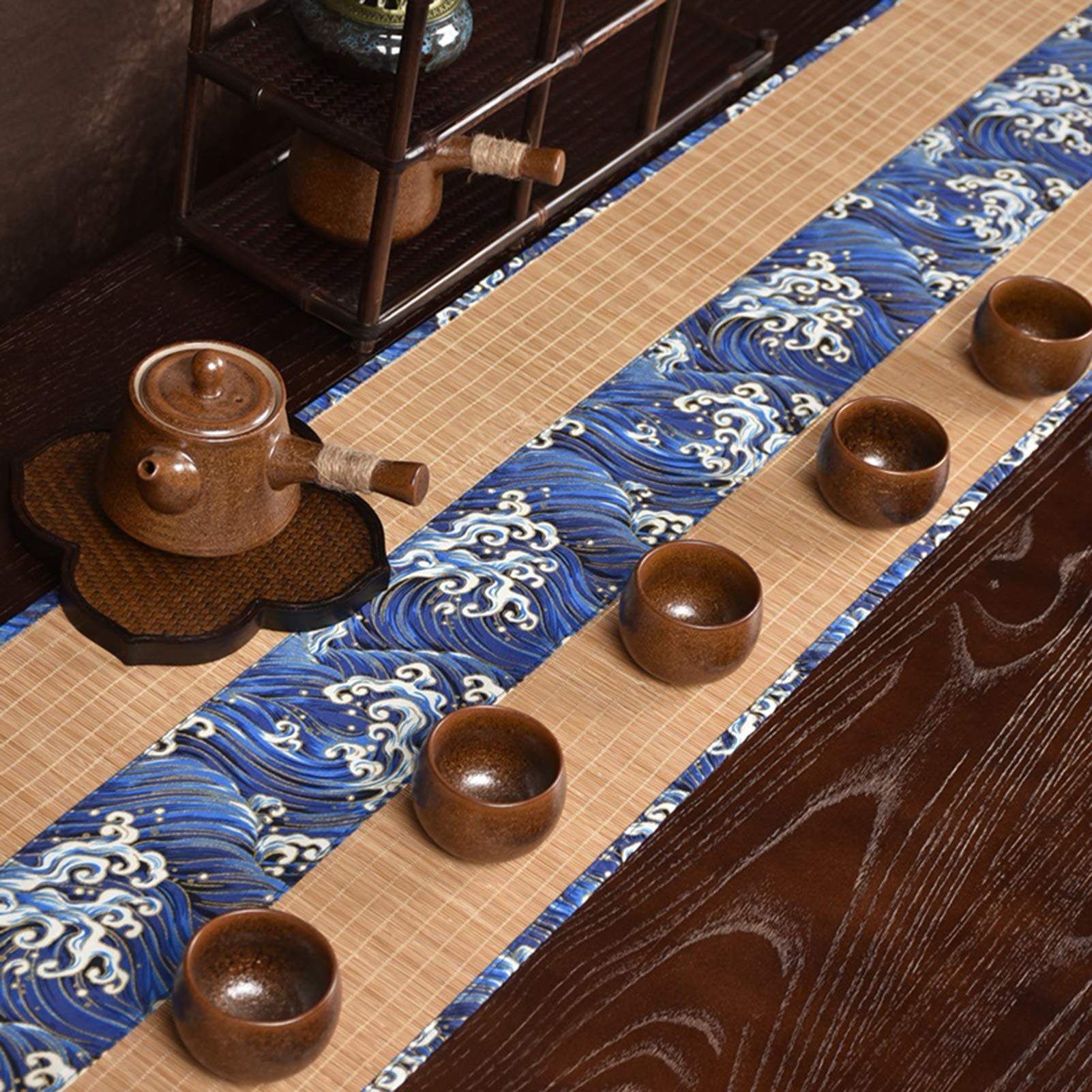Camino de Mesa Zen Moderno, Mantel de Seda de bambú con patrón de Onda Azul, manteles Individuales Antideslizantes con Bordes para Regalo de Fiestas en la Cocina casera (tamaño: 30