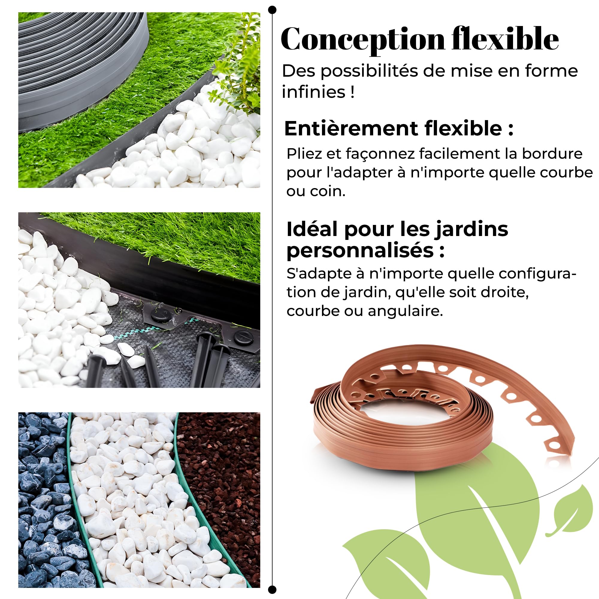 GARDENIX Bordure de pelouse Flexible en Plastique - Résistante aux intempéries - Ronde - Bordure de Parterre de Fleurs - Noir - 10 m - 20 piquets - Hauteur : 6 cm - pour Jardins et tondeuses Robots
