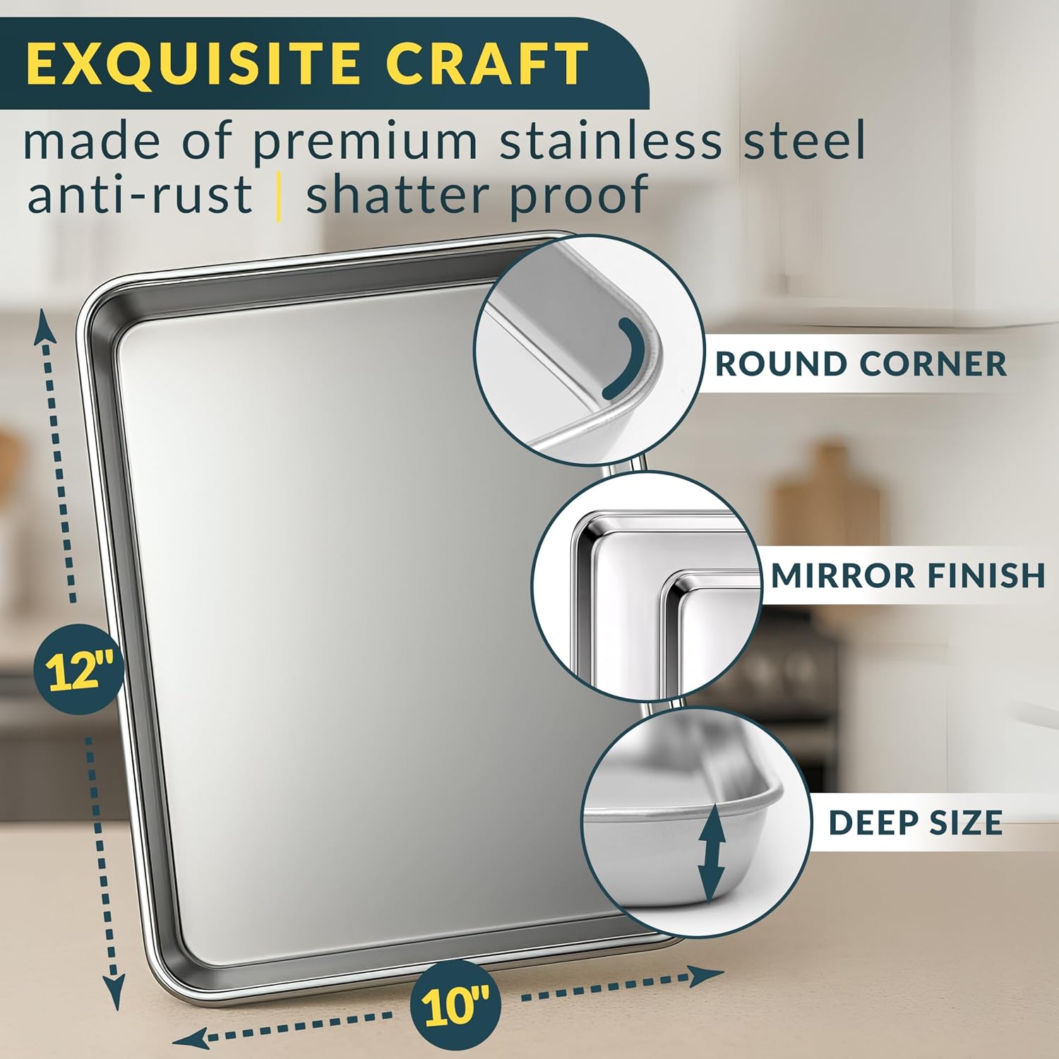 Stainless Steel Cookie Sheet Set of 2, 12" Quarter Baking Sheet Pans