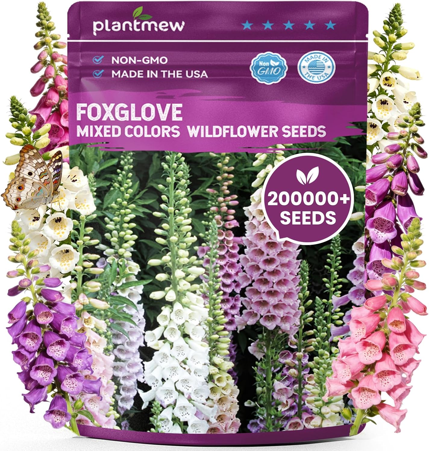PLANTMEW Foxglove Seeds Mixed Colors 200,000+ Bulk Biennial Tall Spire Flowers Attracts Hummingbirds Bees Easy Grow