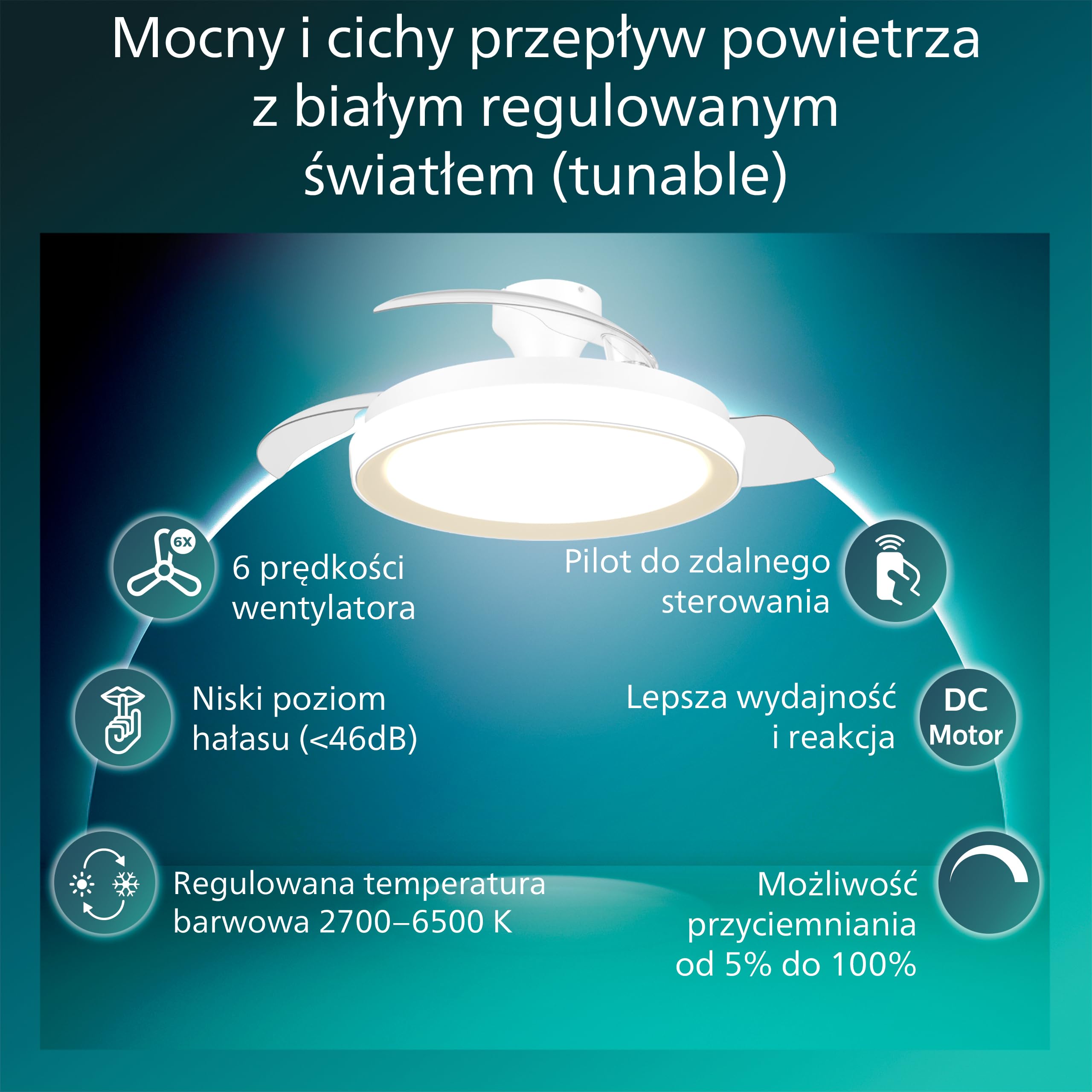 Chowany Wentylator Sufitowy Philips Bliss z Oświetleniem LED, 3 Łopatki, 106 cm, 4500 Lumenów, Regulowana Barwa 3000–6500 K, Przyciemnianie do 5%, Pilot, Złoty