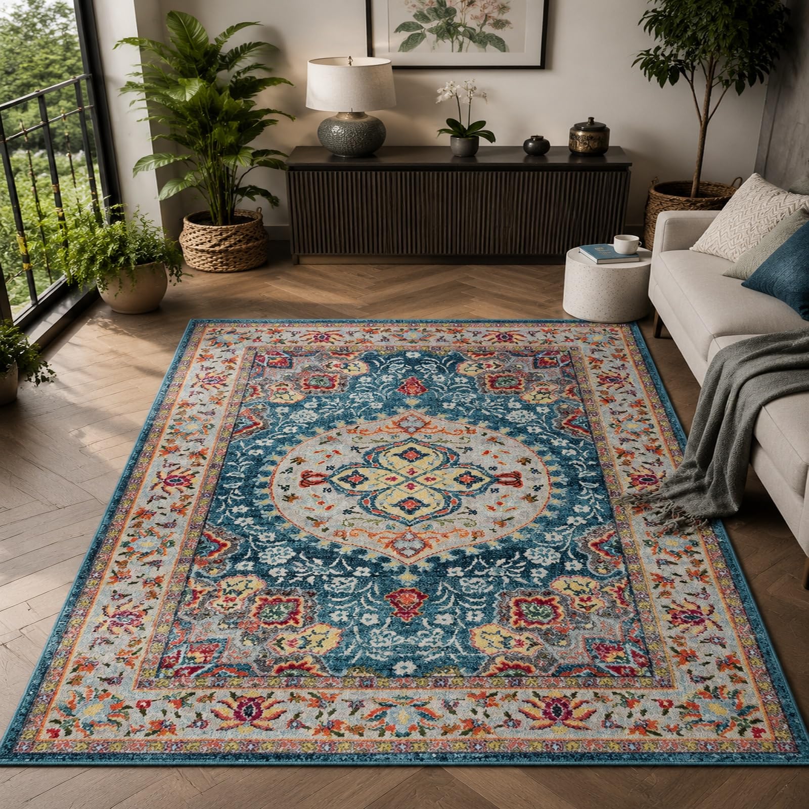 Grand tapis de salon motifs floraux orientaux vintage bleus rouges 200x300 moquette chambre adulte