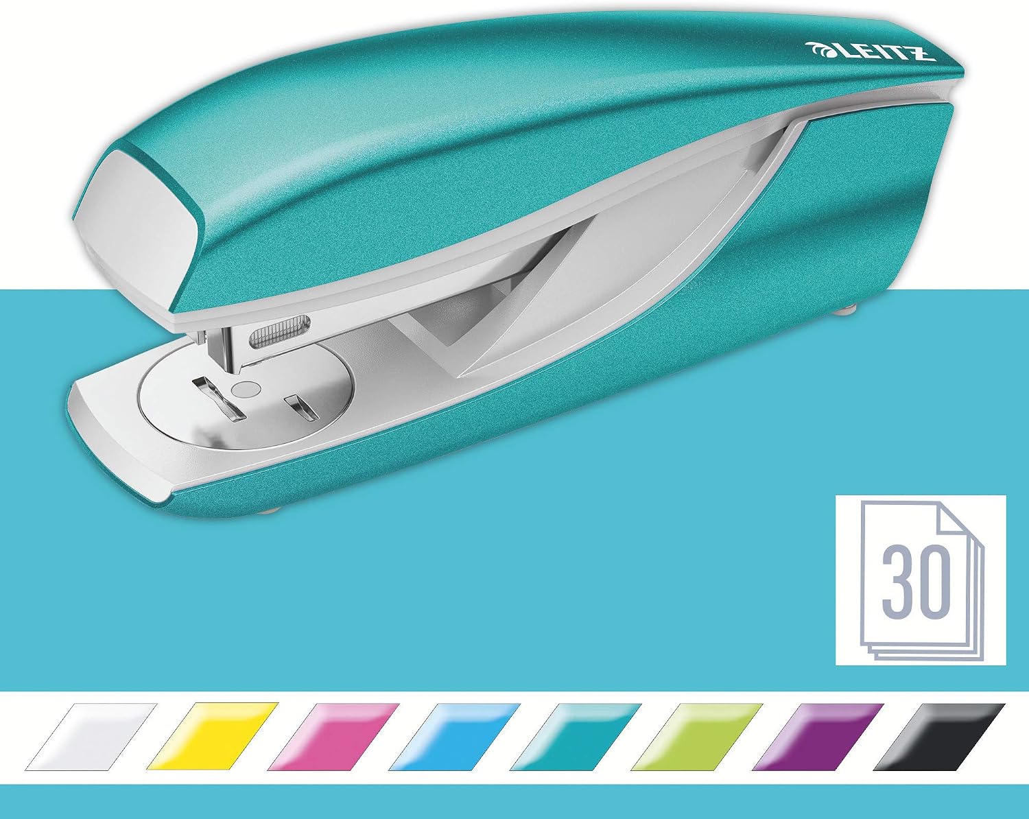 Leitz Stapler, 30 Sheet Capacity, Ergonomic Metal Body, Includes Staples, Wow Range, 55021051 - Ice Blue