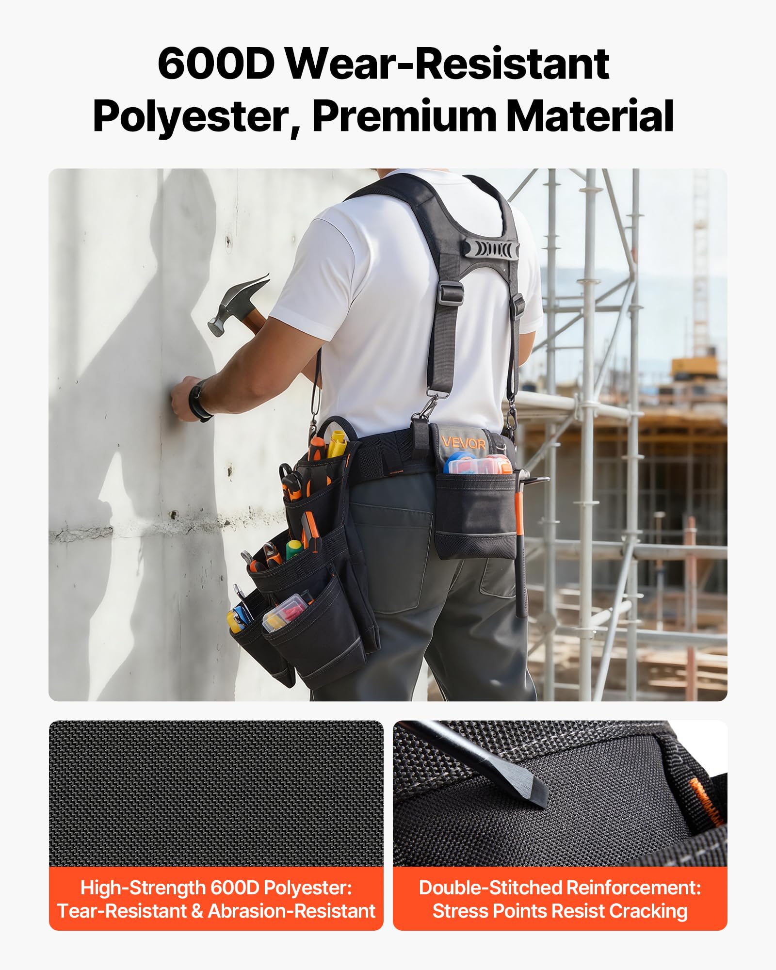 VEVOR Cintura Porta Attrezzi da Lavoro con 19 Tasche e Bretelle, Cintura Portautensili Regolabile da 80-131 cm, Supporto di Sospensione Staccabile per Elettricisti, Carpentieri, Edilizia