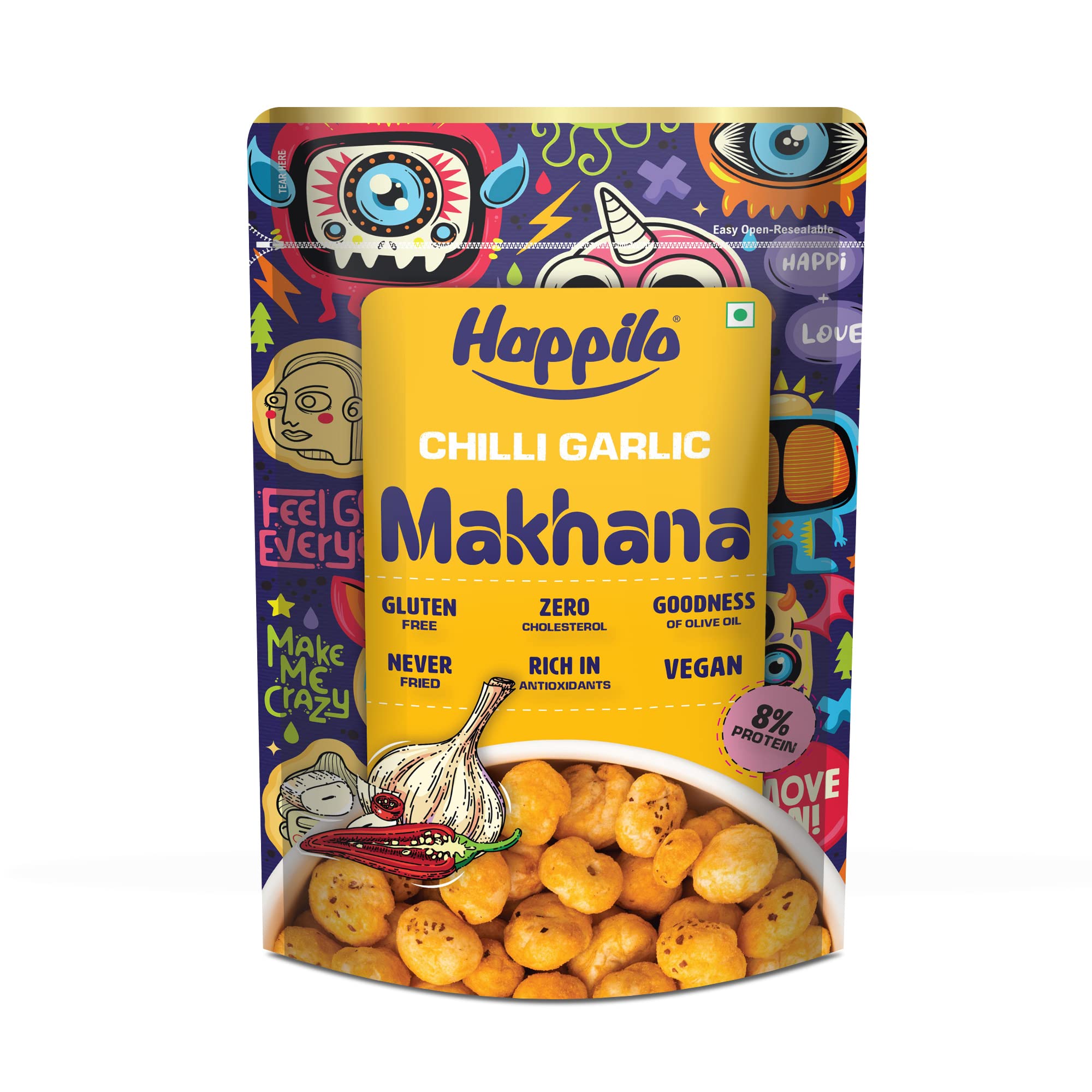 Happilo Premium Super Snack Makhana Chilli Garlic 60g, Roasted Foxnut Healthy Snack Low Calorie Gluten Free and Vegan (B09VZQSYDW) Amazon Price History, Amazon Price Tracker