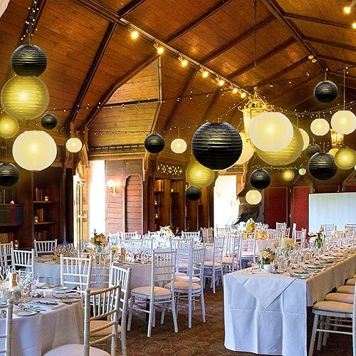 Miniatura 6 de Faroles de papel colgantes decorativos, linternas de papel chino negro y dorado para decoración de fiesta de techo con 16 luces LED para graduación,