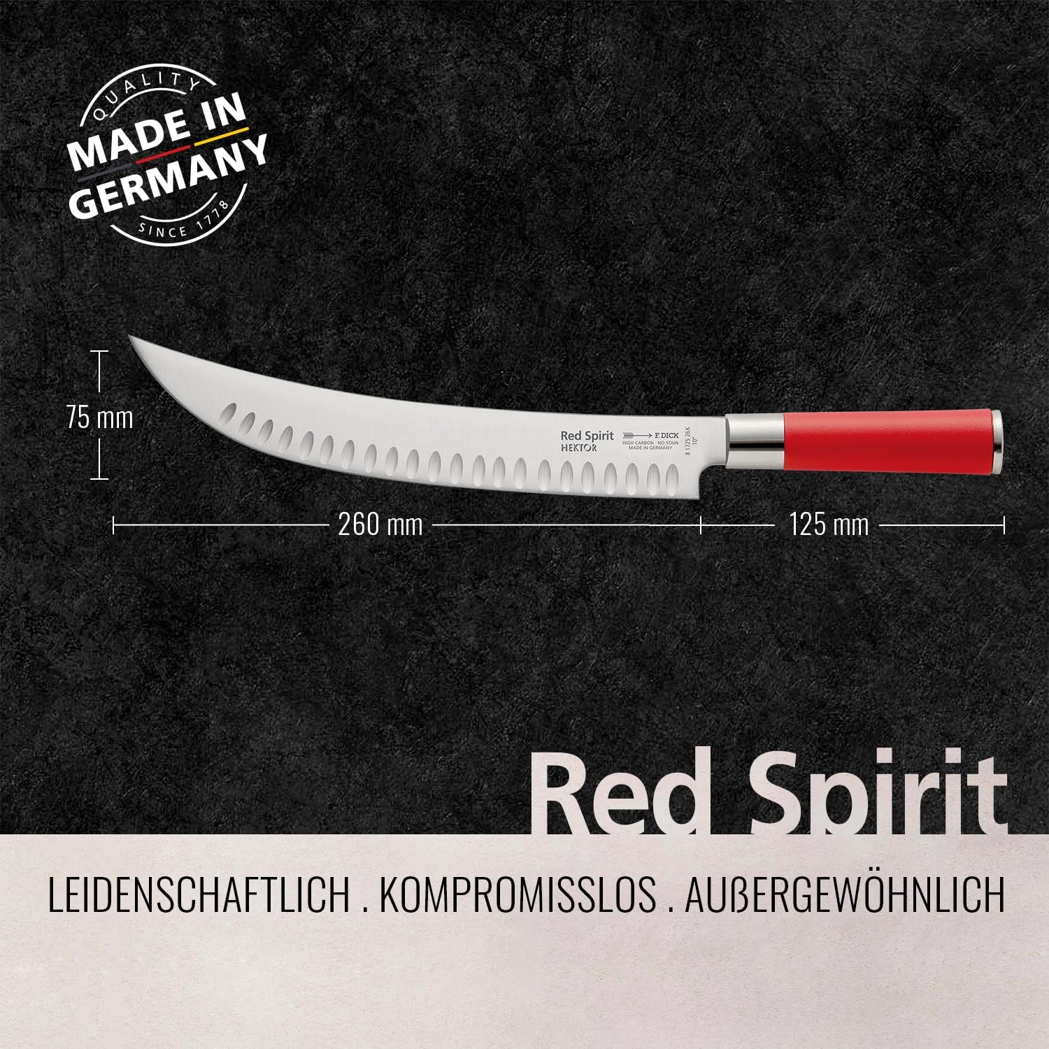 F. DICK – Red Spirit Carving Knife Hektor - Kitchen knife with 10.2" curved blade & 56 HRC - Ideal for cutting large pieces of meat - Stainless steel - Ultra sharp - Ergonomic handle - Made in Germany