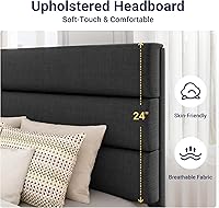Vista 4 de Allewie Base de cama de plataforma de tamaño individual con cabecera tapizada de tela y soporte de listones de madera, base de colchón totalmente