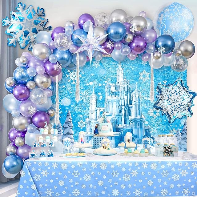 123Pcs Frozen Birthday Party Decoration Frozen Balloon Garland Arch Kit Blue Purple Confetti Balloon Snowflake Foil Tablecloth Winter Wonderland Backdrop Princess Girl Elsa Frozen Party Supplies