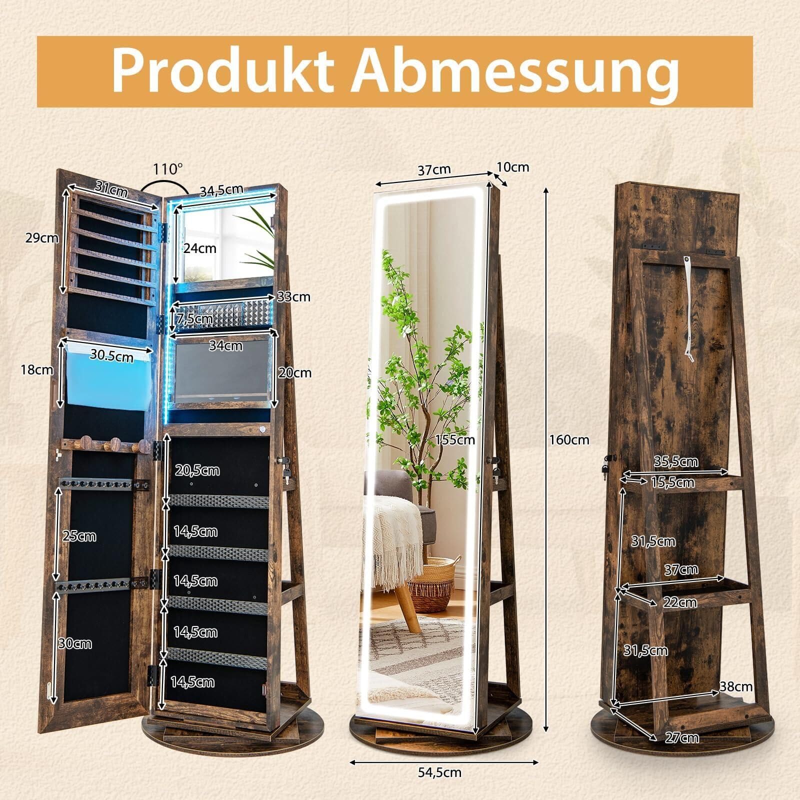 RELAX4LIFE Schmuckschrank, Schmuck Spiegelschrank stehend, Standspiegel mit LED-Lichtern, mit Ganzkörperspiegel, 3 Ablagen, 360° drehbar, abschließbar, mit Schlüsseln(Kaffee)