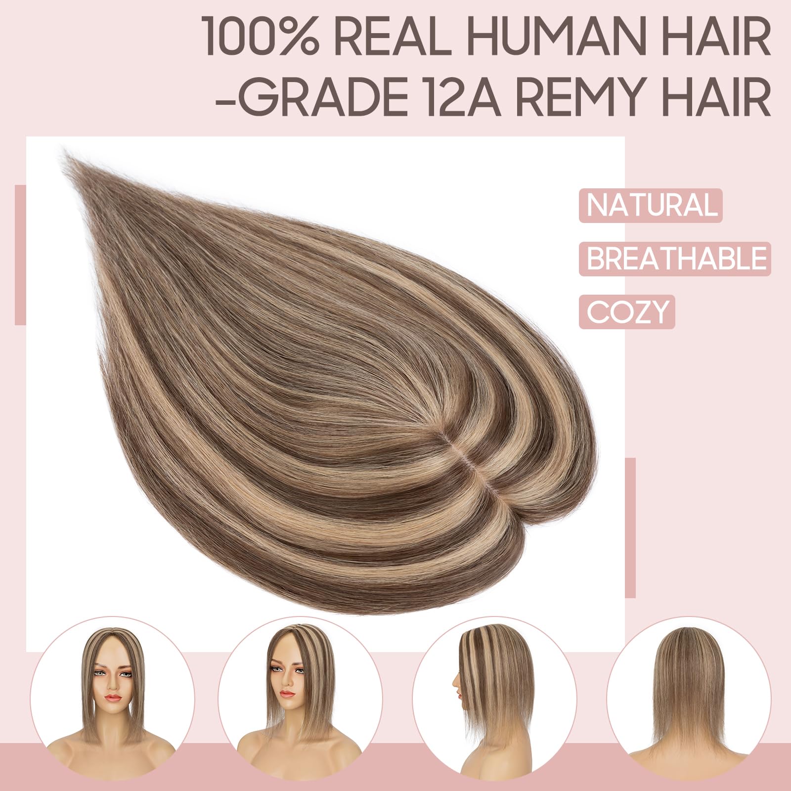 Silk-co 16inches Hair Topper for Thinning Hair Women Clip in Real Remy Human Hair Extensions Top Hair Piece Silky Soft (#4P27 Medium Brown&Dark Blonde) - Image 2