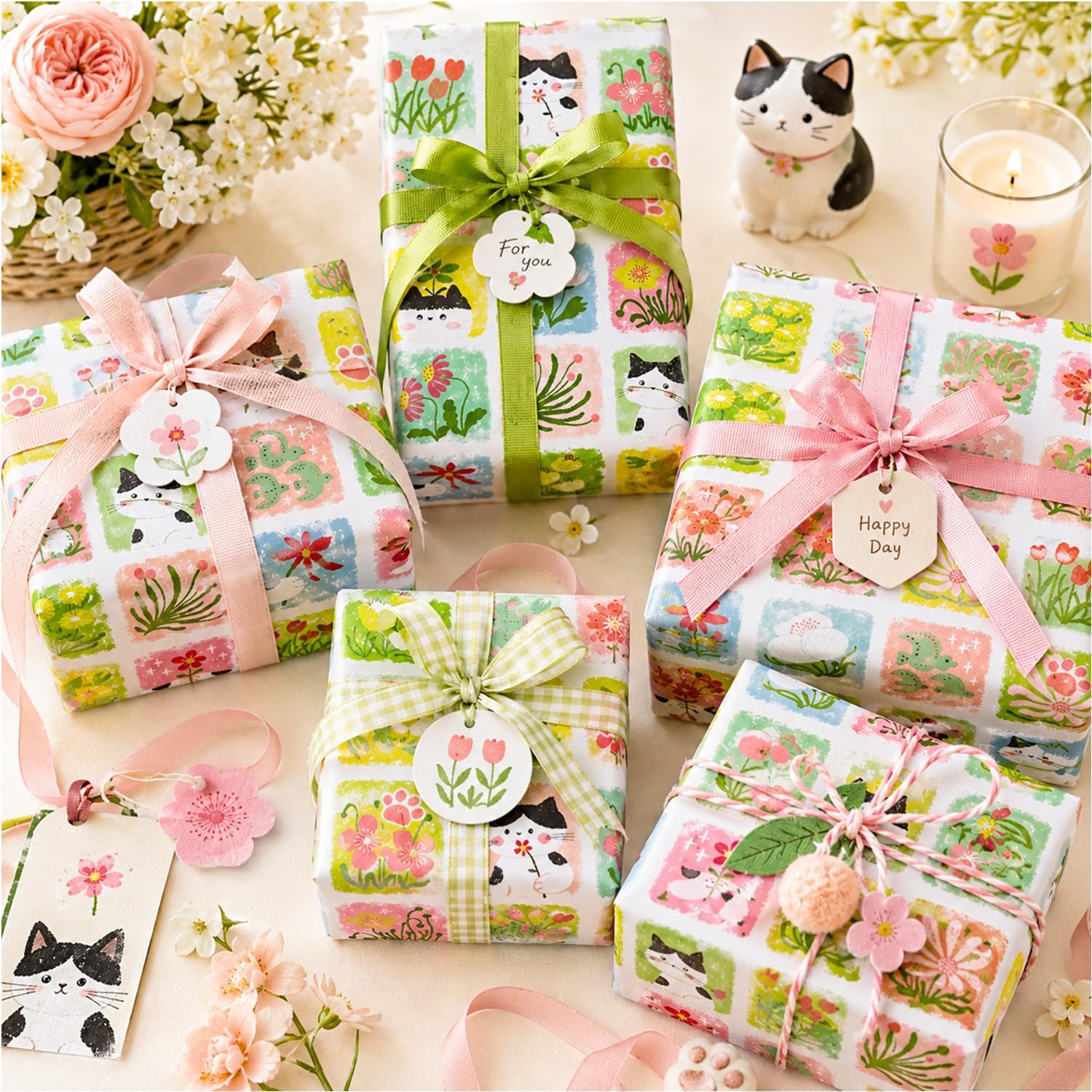 Layninder Cat and Floral Tissue Paper, Cute Patterned Tissue Paper for Gift Bags and Gift Wrapping, Checkered Craft Paper Sheets for Birthday Holiday Party Decor, 30 Sheets, 20x14in image 5