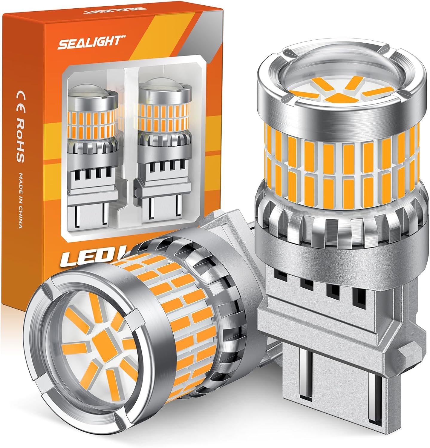 SEALIGHT Turn Signal Light Bulbs 3157 LED Bulb Amber, 700% Brighter 3156 3057 4157 4114 LED Bulb 57-SMD LED Chipset with Projector Len & Load Resistor for Turn Signal Light, Parking Light, Pack of 2