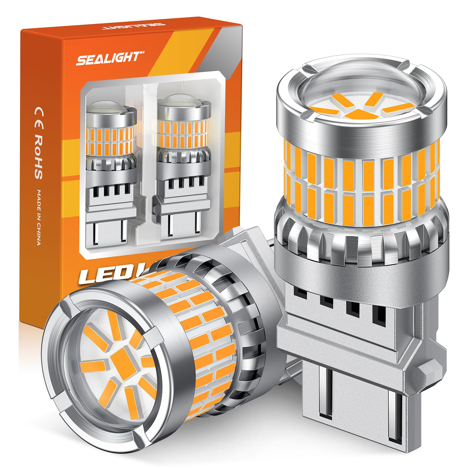 SEALIGHT Turn Signal Light Bulbs, 3157 LED Bulb Amber, 700% Brighter 3157A 3156 3057 4157 LED Bulb 57-SMD LED Chipset with Projector Len &amp; Load Resistor for Turn Signal Light, Parking Light, 2Pcs
