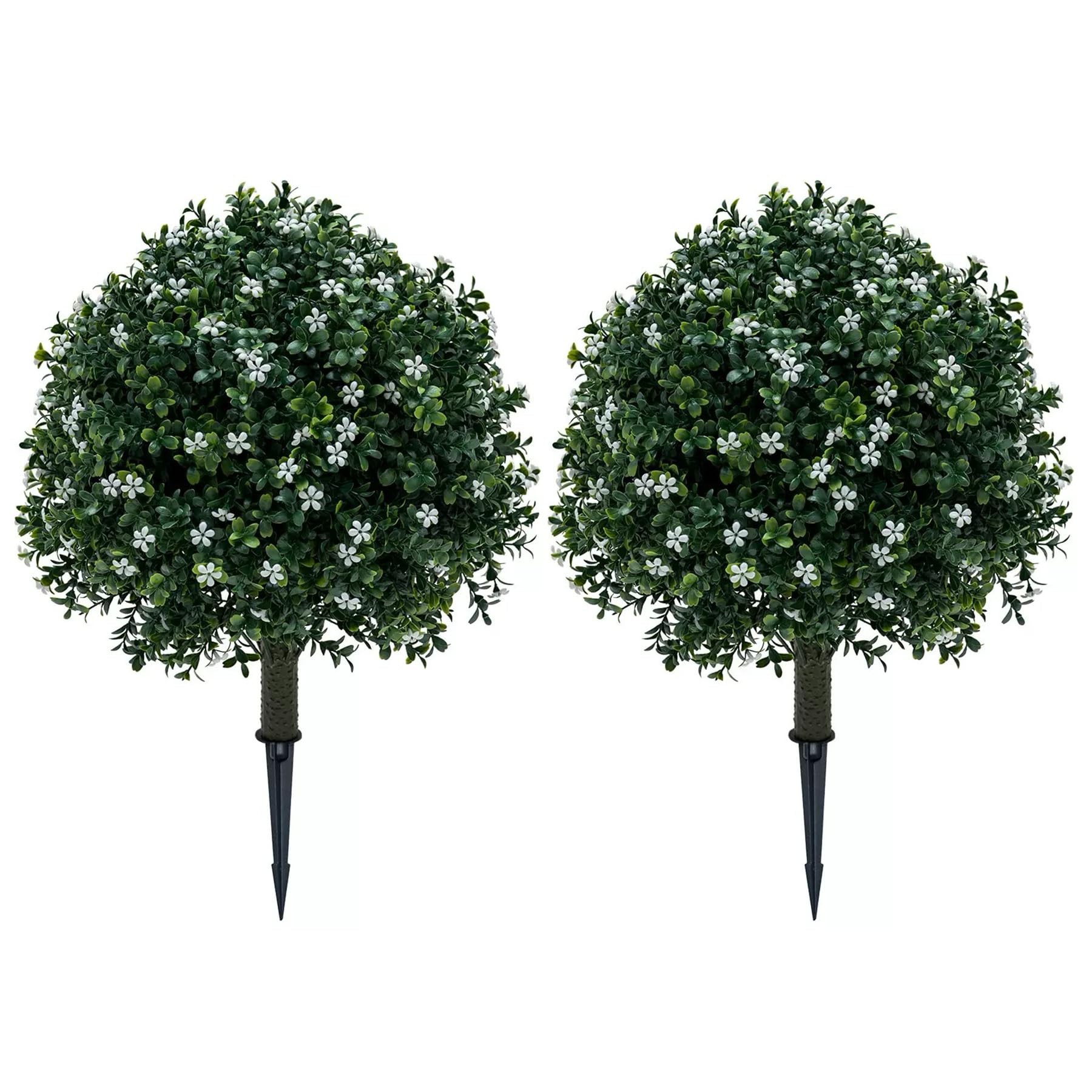 Boxwood Balls Topiary Trees Artificial Outdoor 2 Pack - 25.6in UV Resistant PE Greenery with White Flowers, Sturdy Aluminum Spikes Faux Plants for